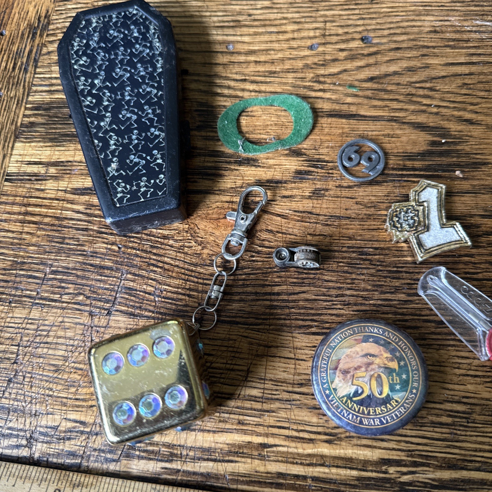 Junk Drawer Lot Vintage 69 Keychain Dice Zippo Flints Parts Vietnam Pin Coffin