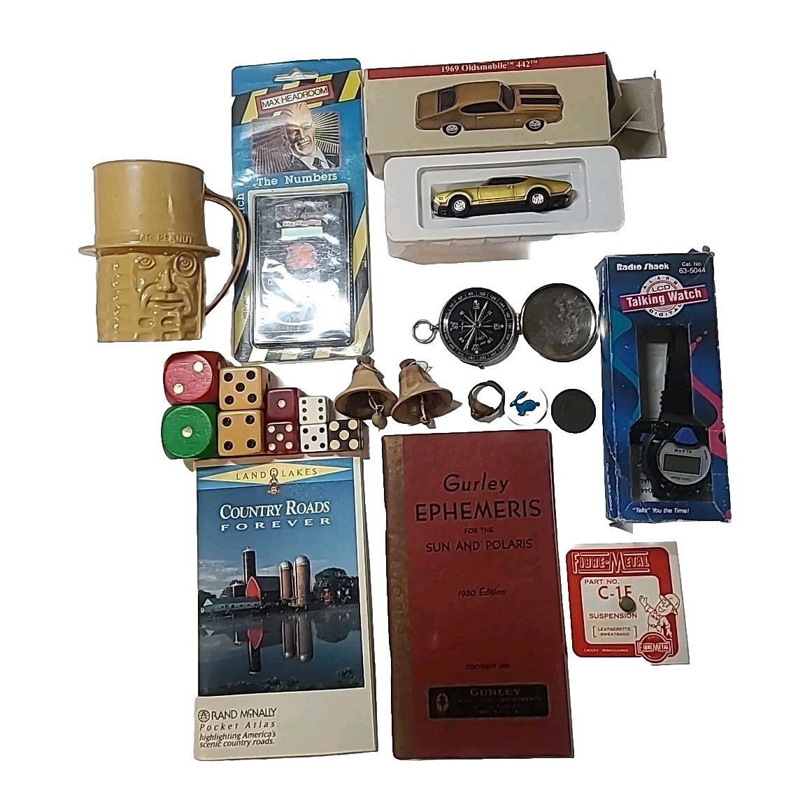 Lot Vintage Junk Drawer – Car Advertising Mr. Peanut, Compass Japan, Dice, Watch