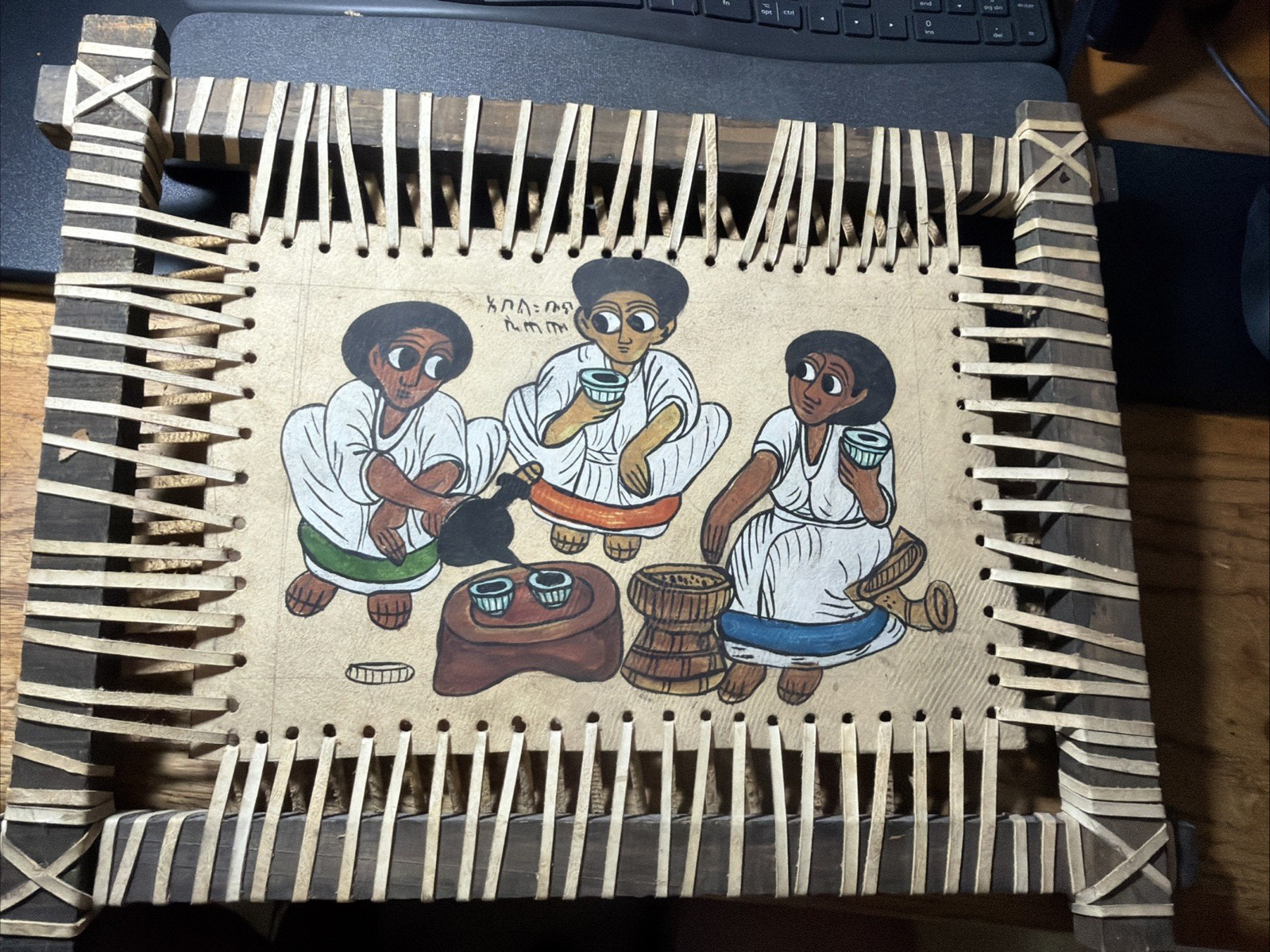 Ethiopian Folk Art Hand-Painted on Leather 13×17 Traditional Wooden Frame Box 2
