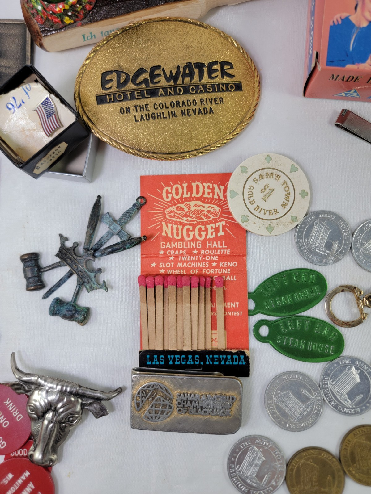 Men’s Estate Junk Drawer Lot Vintage Casino Coin Collectibles Watch Buckles Pins