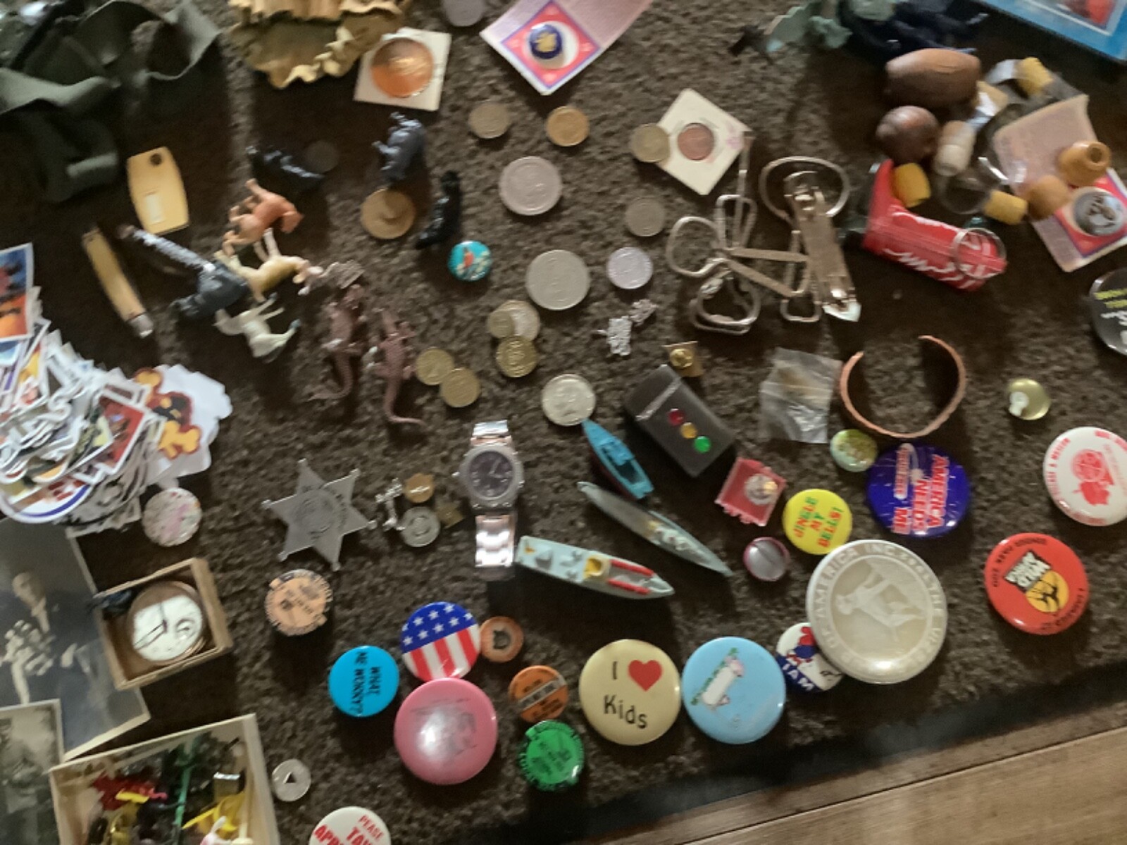Vintage 0s junk drawer dime toys silver coin pins coins zippo knifes jewelry etc