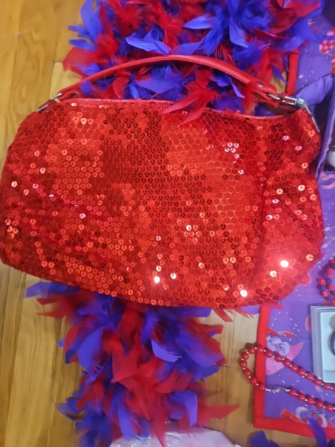 Huge Lot Red Hat Society Jewellry Pins Ornaments Feather Boas Handbags Doll