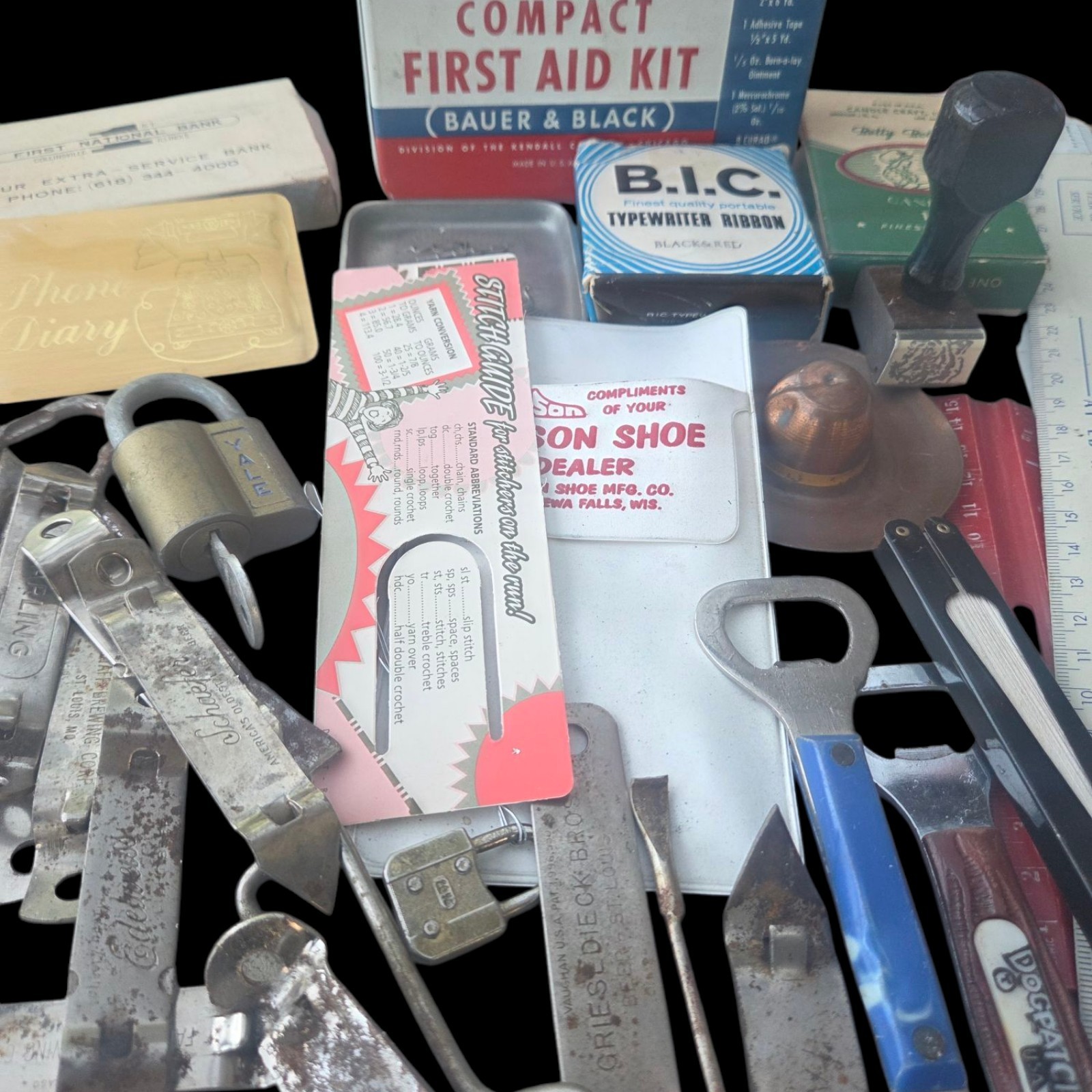 Vtg Junk Drawer Grandpas Desk Lot of Advertising Rulers Bottle Openers Keychains