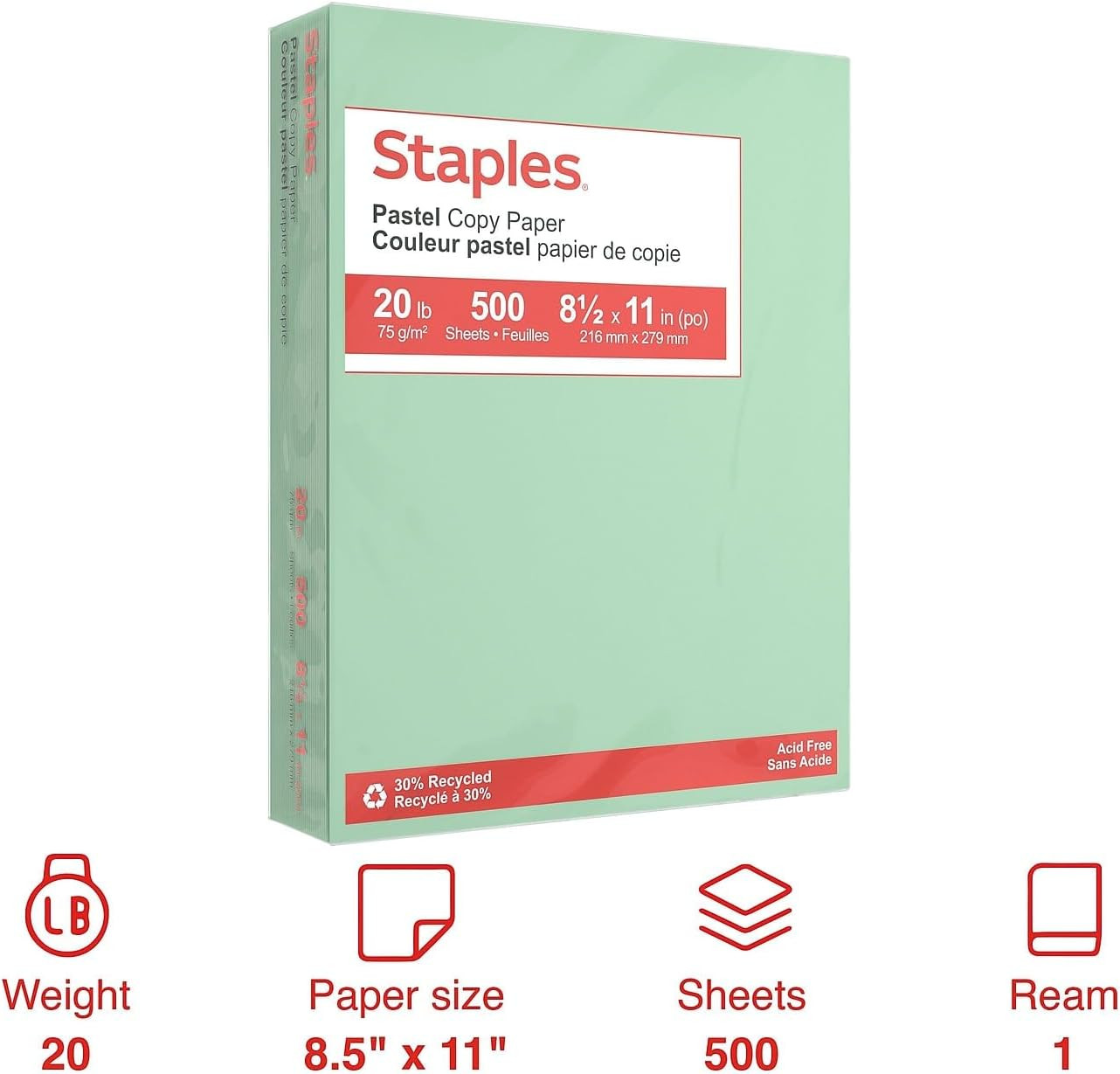 30% Recycled Color Copy Paper, 20 Lbs., 8.5″ X 11″, Green, 500/Ream, for Office,