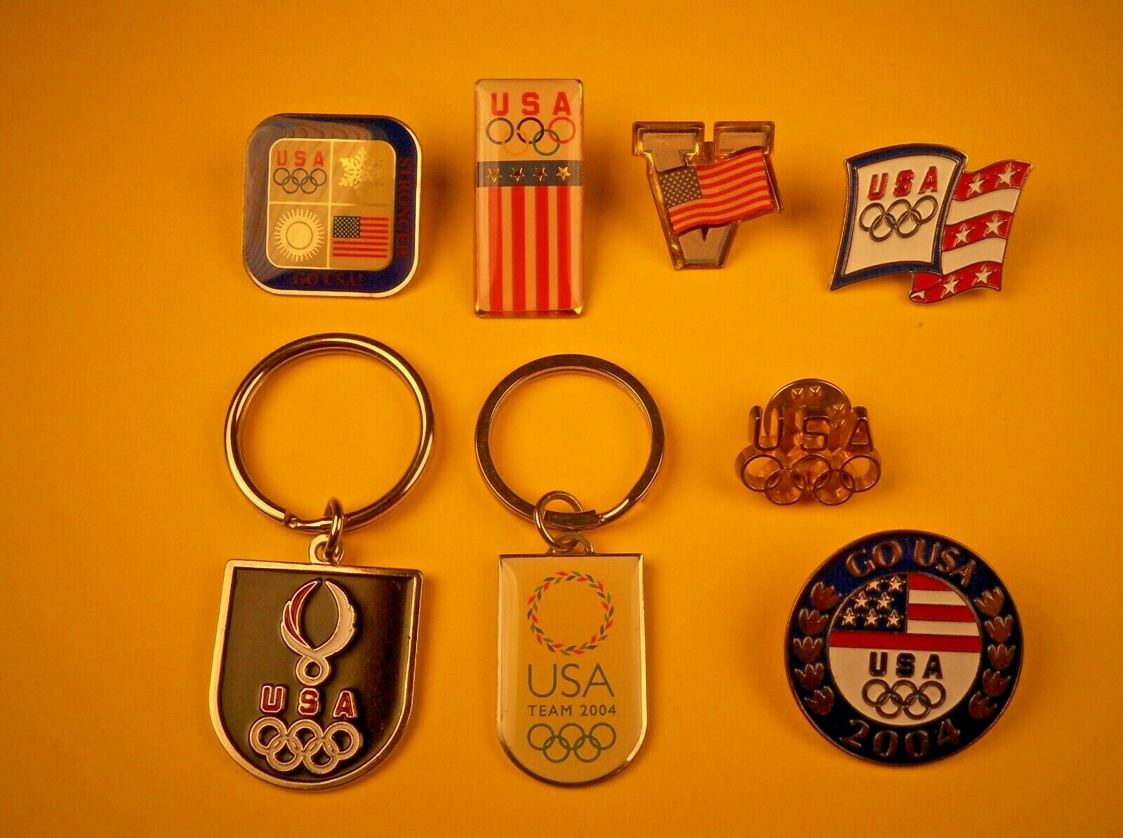 USA 2004 US Olympics Lapel/Hat Pins (6) / Key Chains (2), Lot of 8