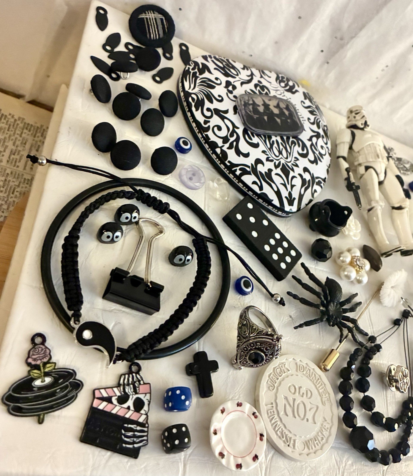 Black White Poison Ring Jewelry Charms Oddities Junk Drawer Goth Art Lot