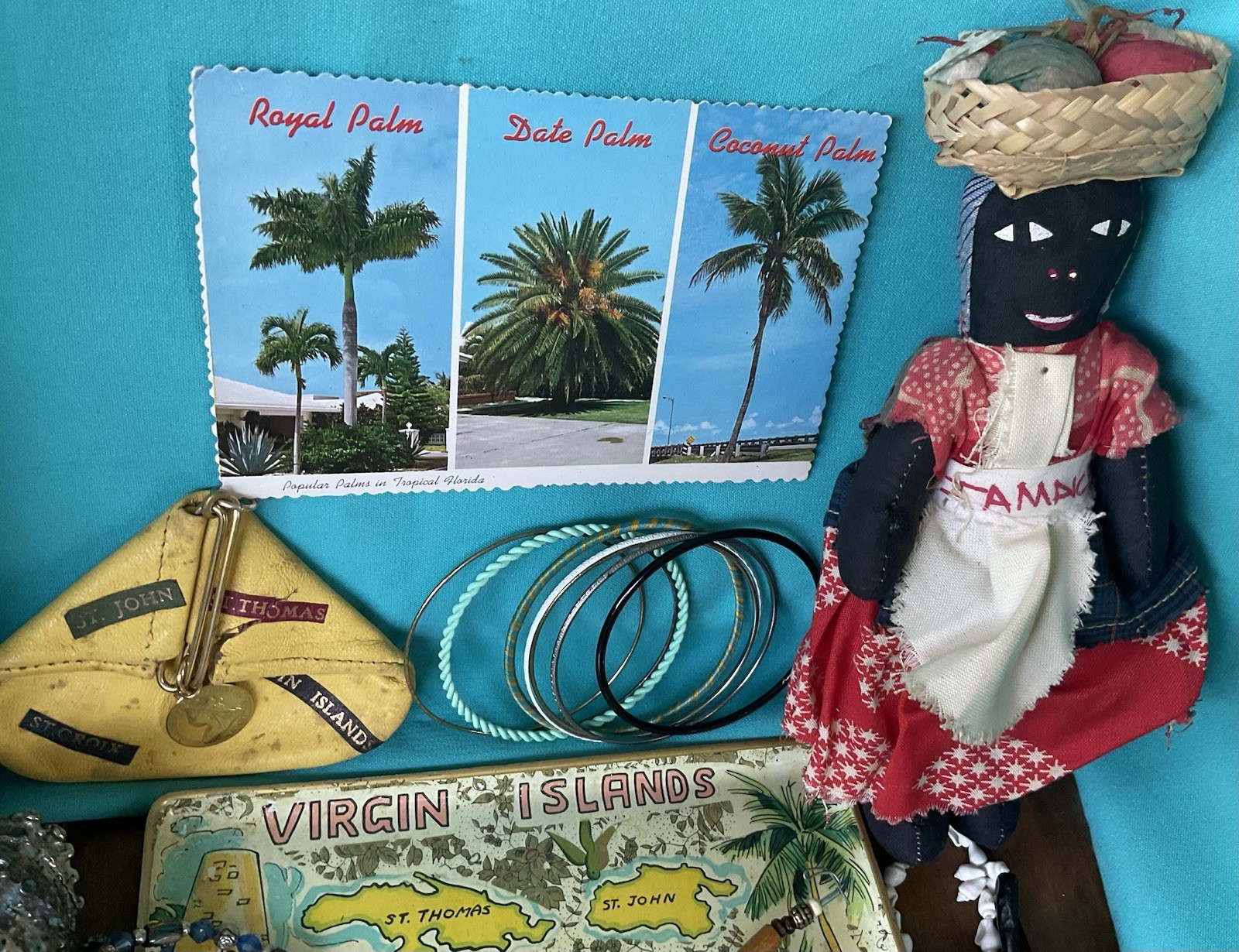 Vintage junk drawer LOT Island Caribbean Souvenirs Jewelry Doll stones coins