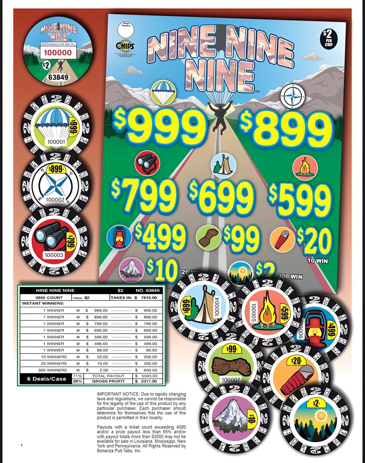 Pull Tab Tickets – Chips- Game- $2 Ticket – Nine Nine Nine – 3,955 ct