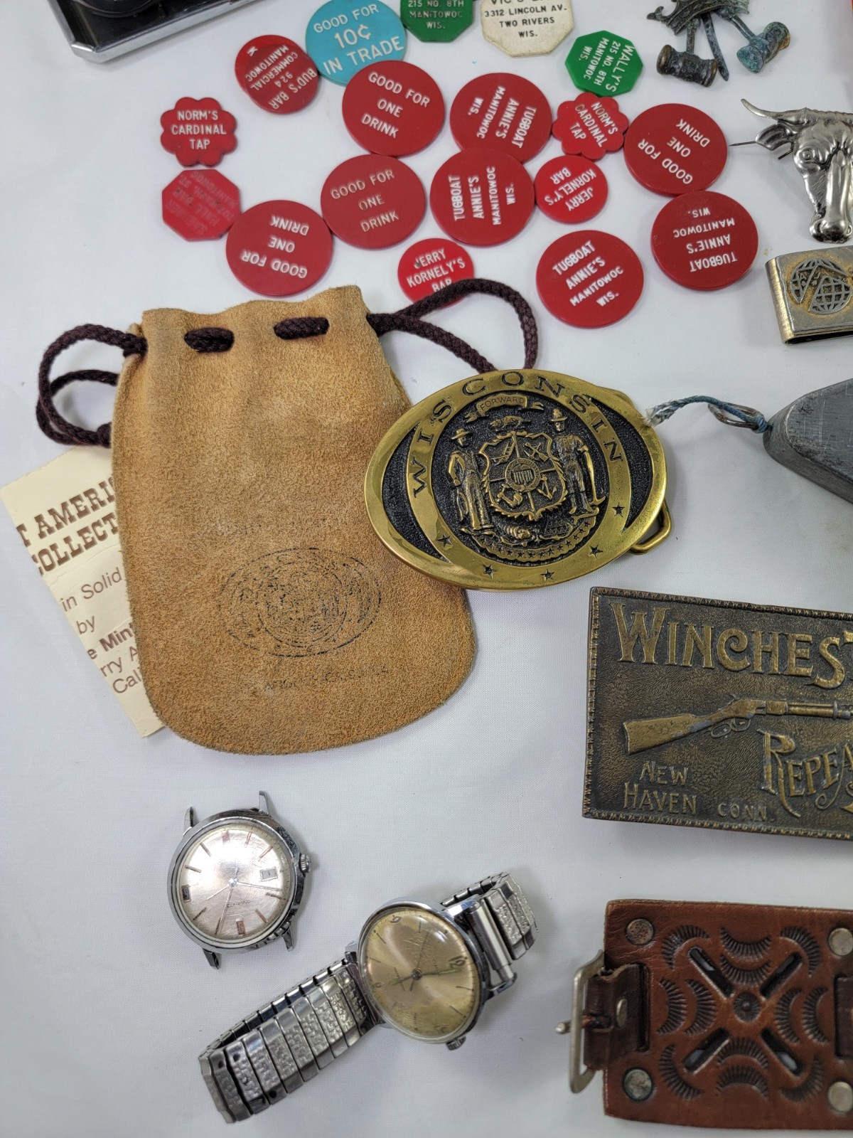 Men’s Estate Junk Drawer Lot Vintage Casino Coin Collectibles Watch Buckles Pins