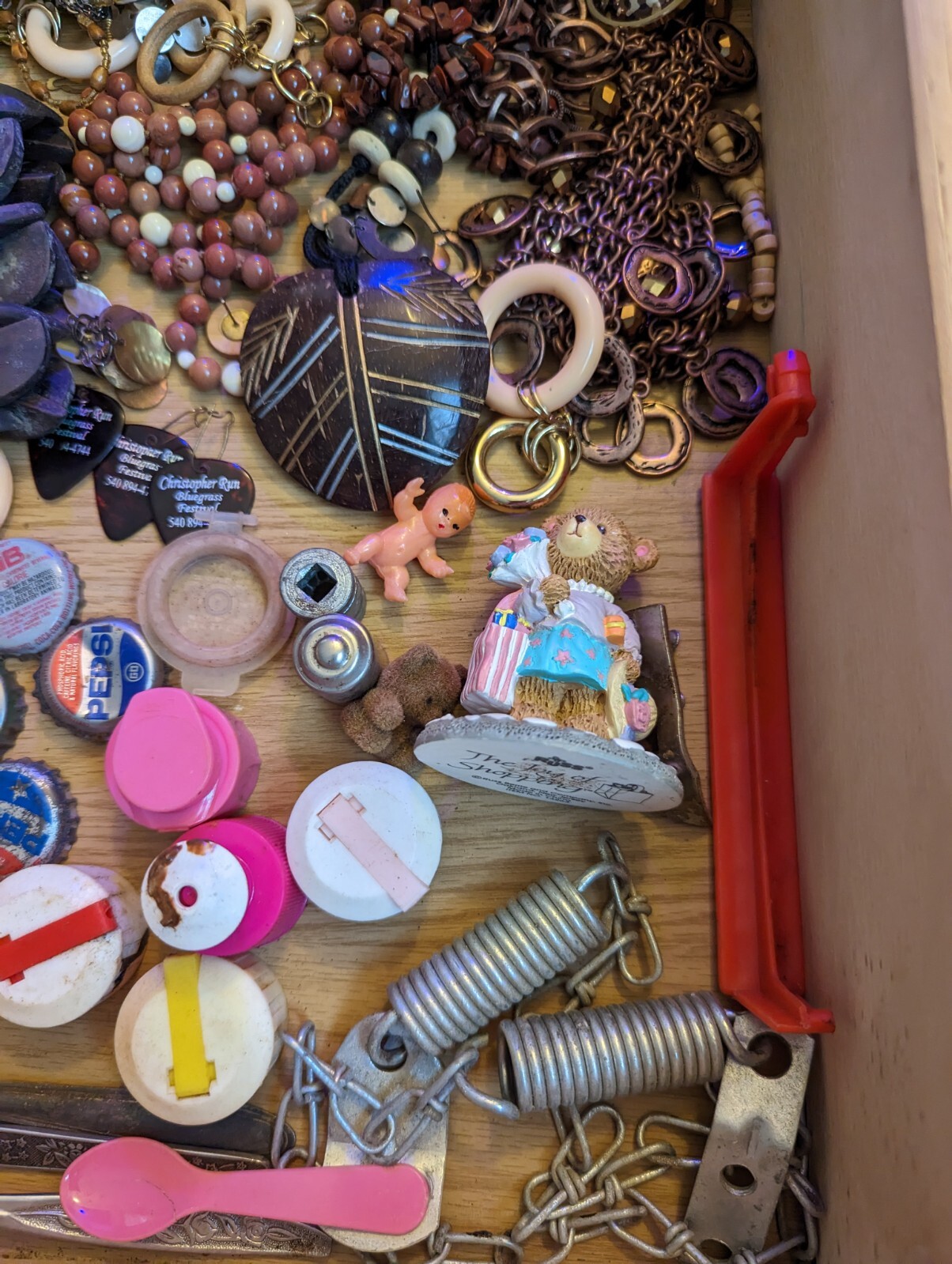 Junk drawer lot Vintage SODA LIDS unidentified BROWN BEIGE TAN JEWELRY mini toys
