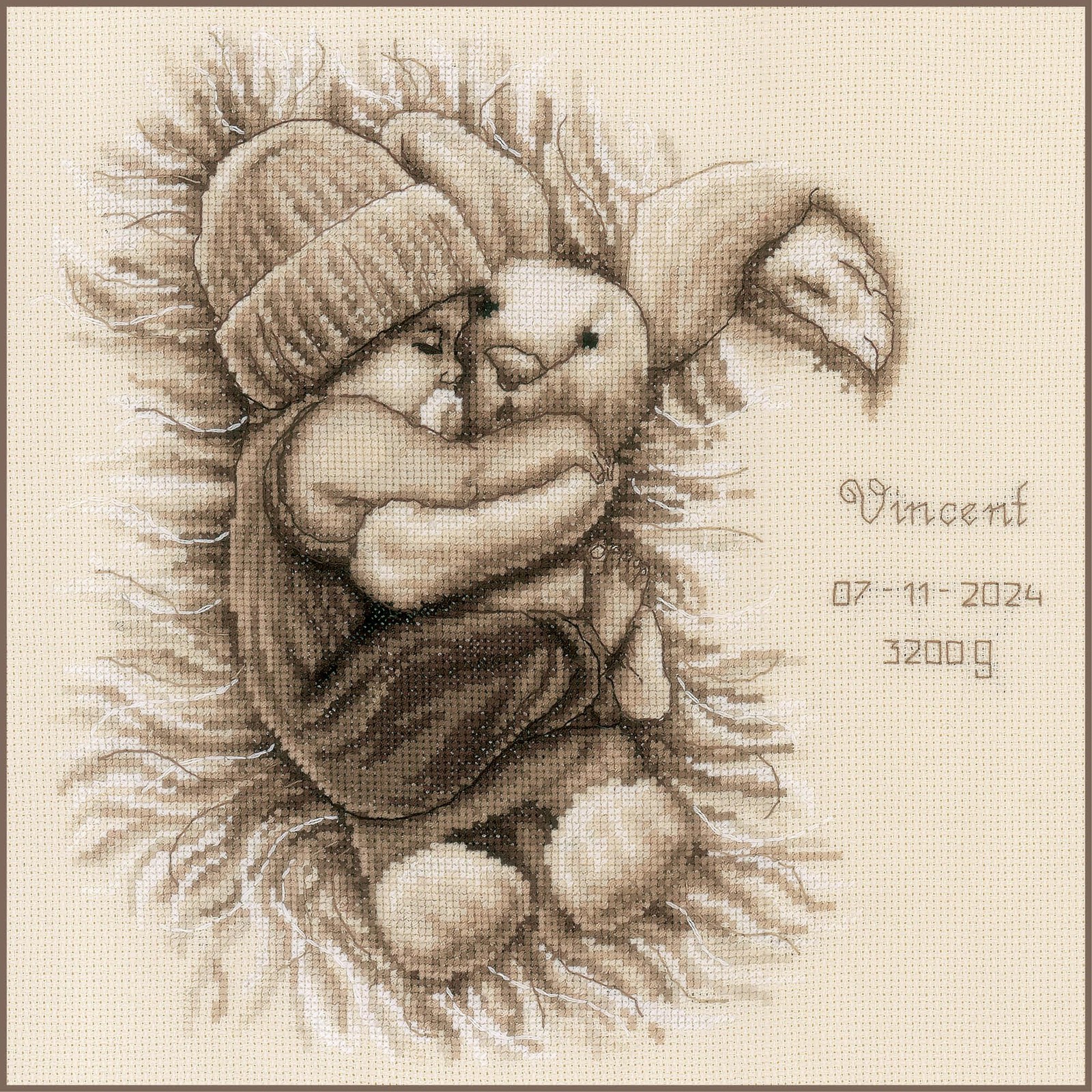 Vervaco Counted Cross Stitch kit Baby with Cuddly Bunny, 29x29cm, DIY