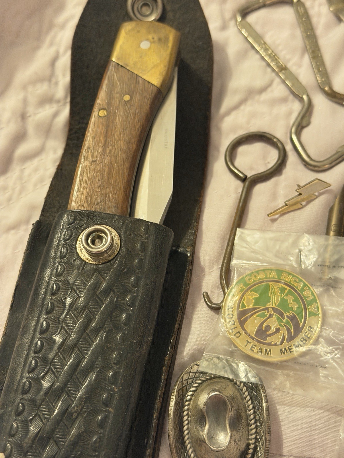 VTG Collectibles Lot: Coins, Pins, Watch, Knife, Shark teeth, junk drawer +++