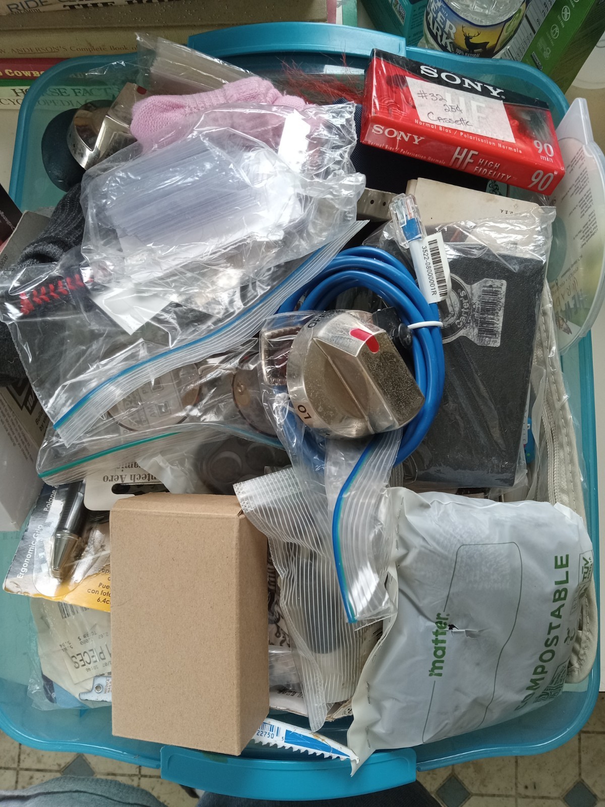 Lot Of Various Small Misc. Junk Drawer Items Box-6in X 6in X 6in SEE DESCRIPTION