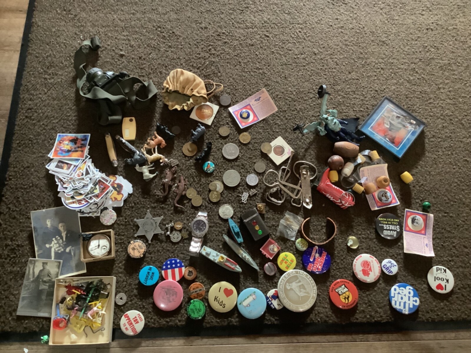 Vintage 0s junk drawer dime toys silver coin pins coins zippo knifes jewelry etc