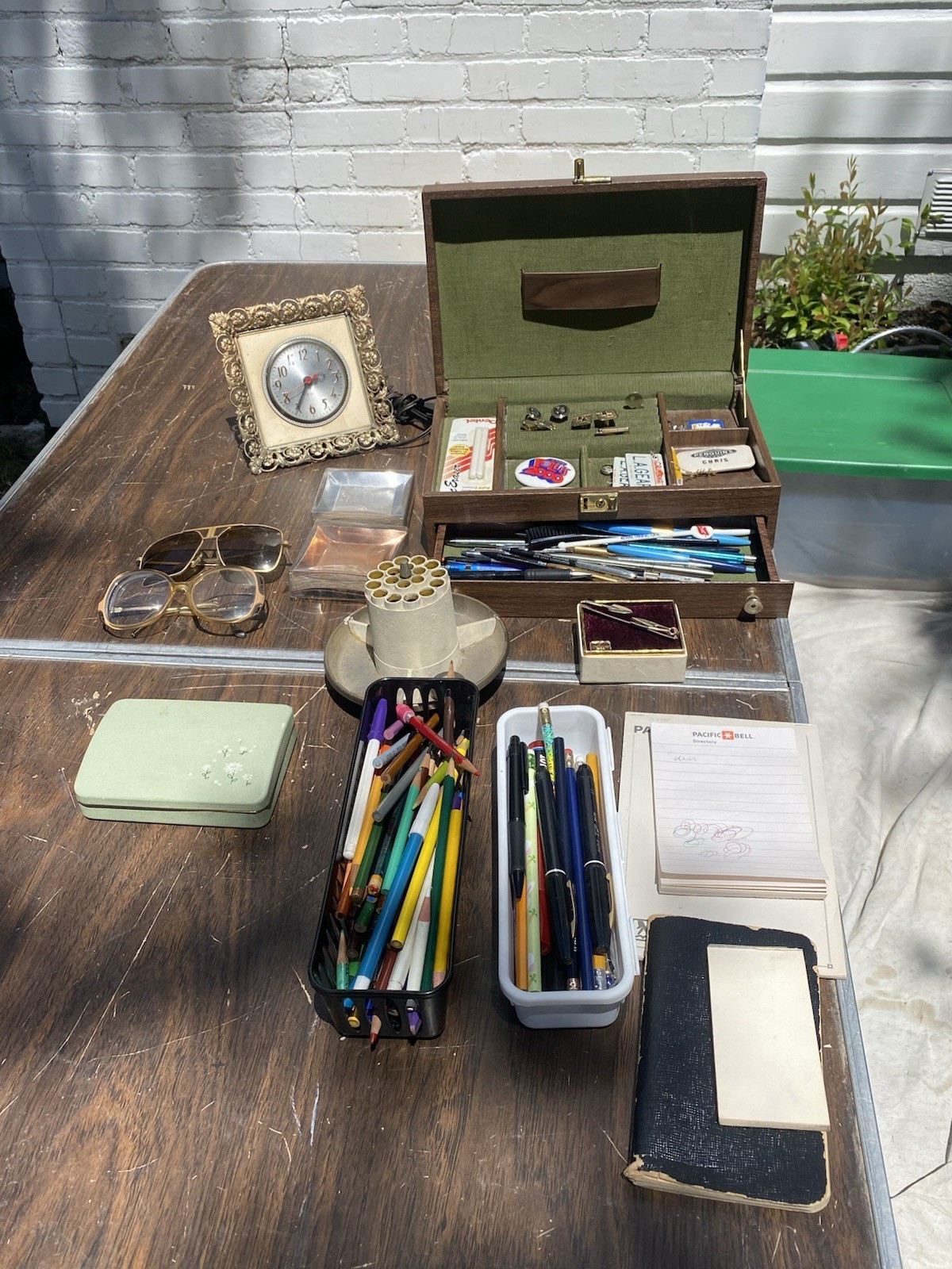 Vintage junk drawer lot jewelry Valet Box Pins Pens Sunglasses Clock estate sale