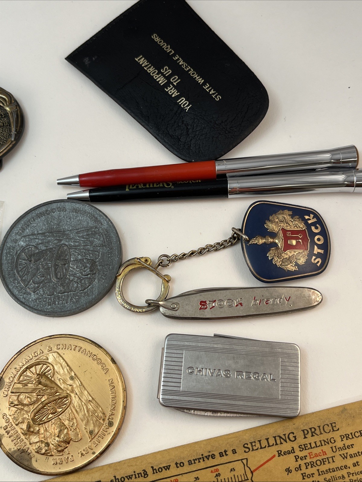 Vintage Tokens Belt Buckles Ink Pens Key Chain Junk Drawer LOT