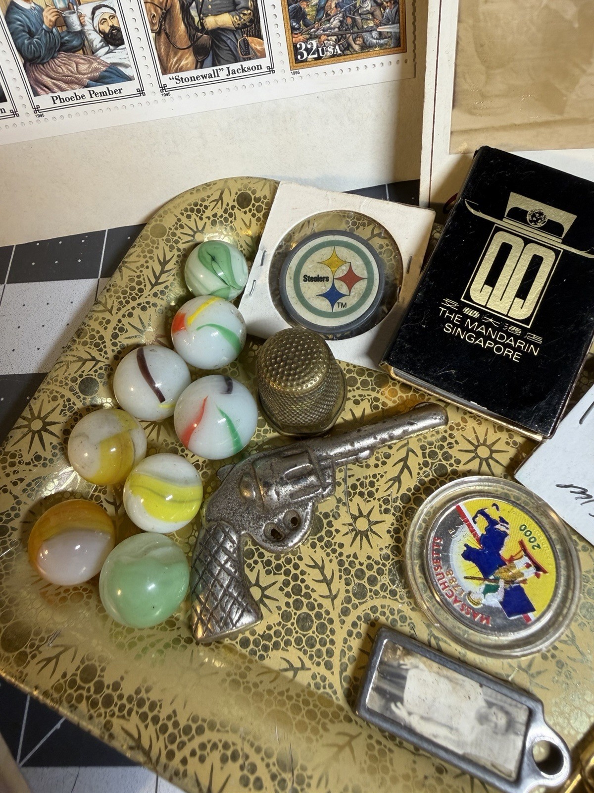 Vintage junk Drawer Lot! Coins, Bottles Stamps Toys Etc!