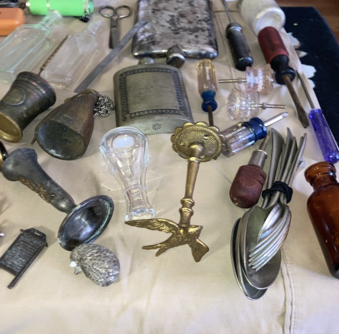 Mixed Vintage Collectibles Lot Coins Jewelry Lighters Knives Bottles Tins Brass