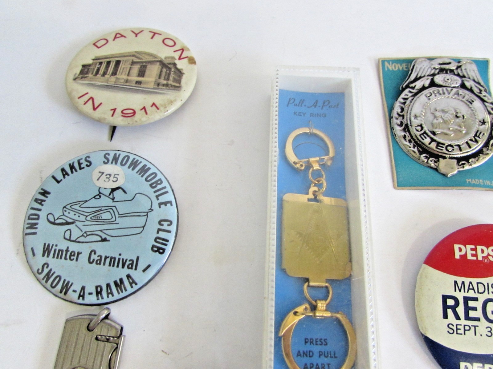 Junk Drawer Lot Goldwater Pins Masonic Detective Patch Chi Alpha Black Americana