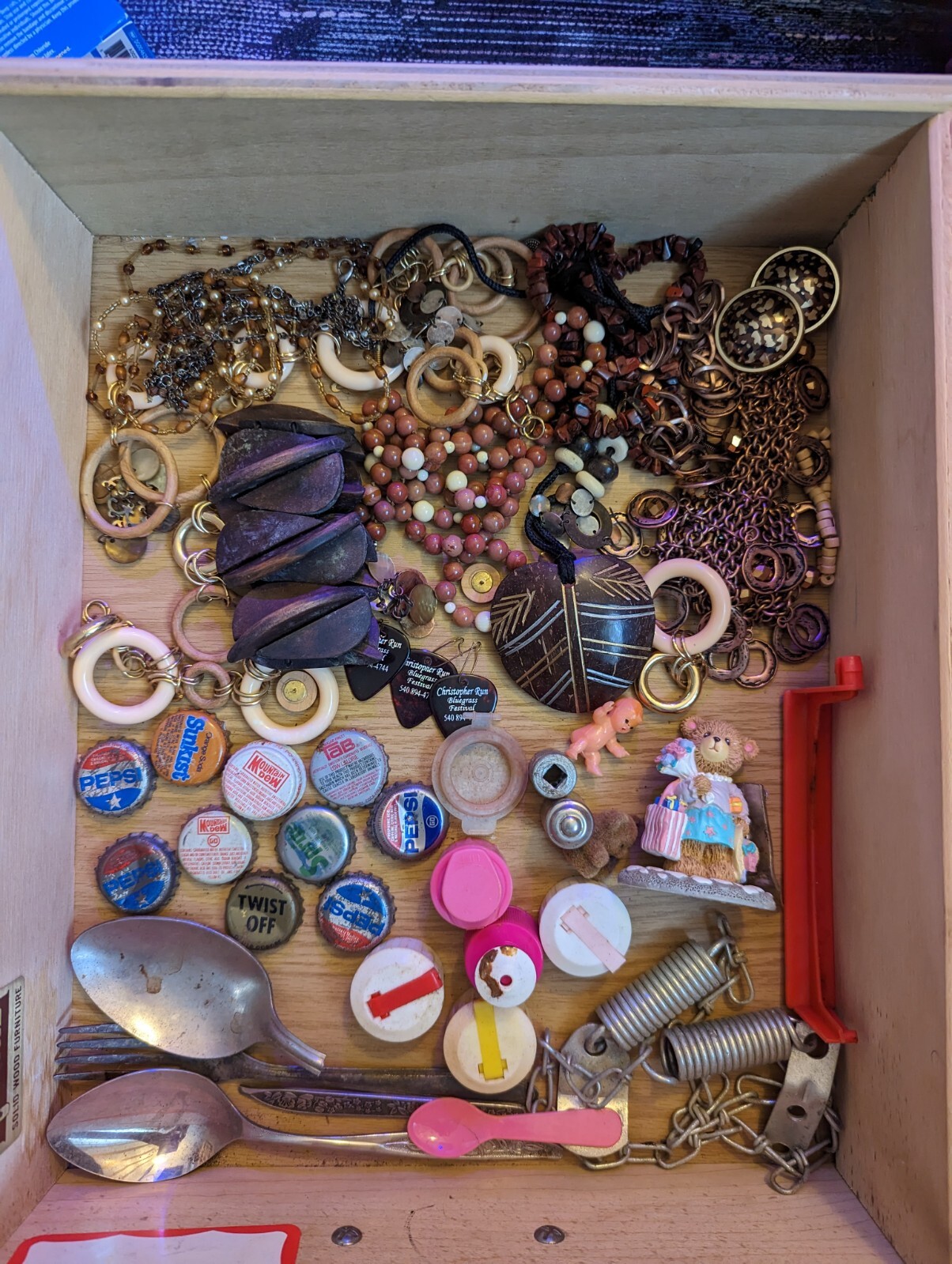 Junk drawer lot Vintage SODA LIDS unidentified BROWN BEIGE TAN JEWELRY mini toys