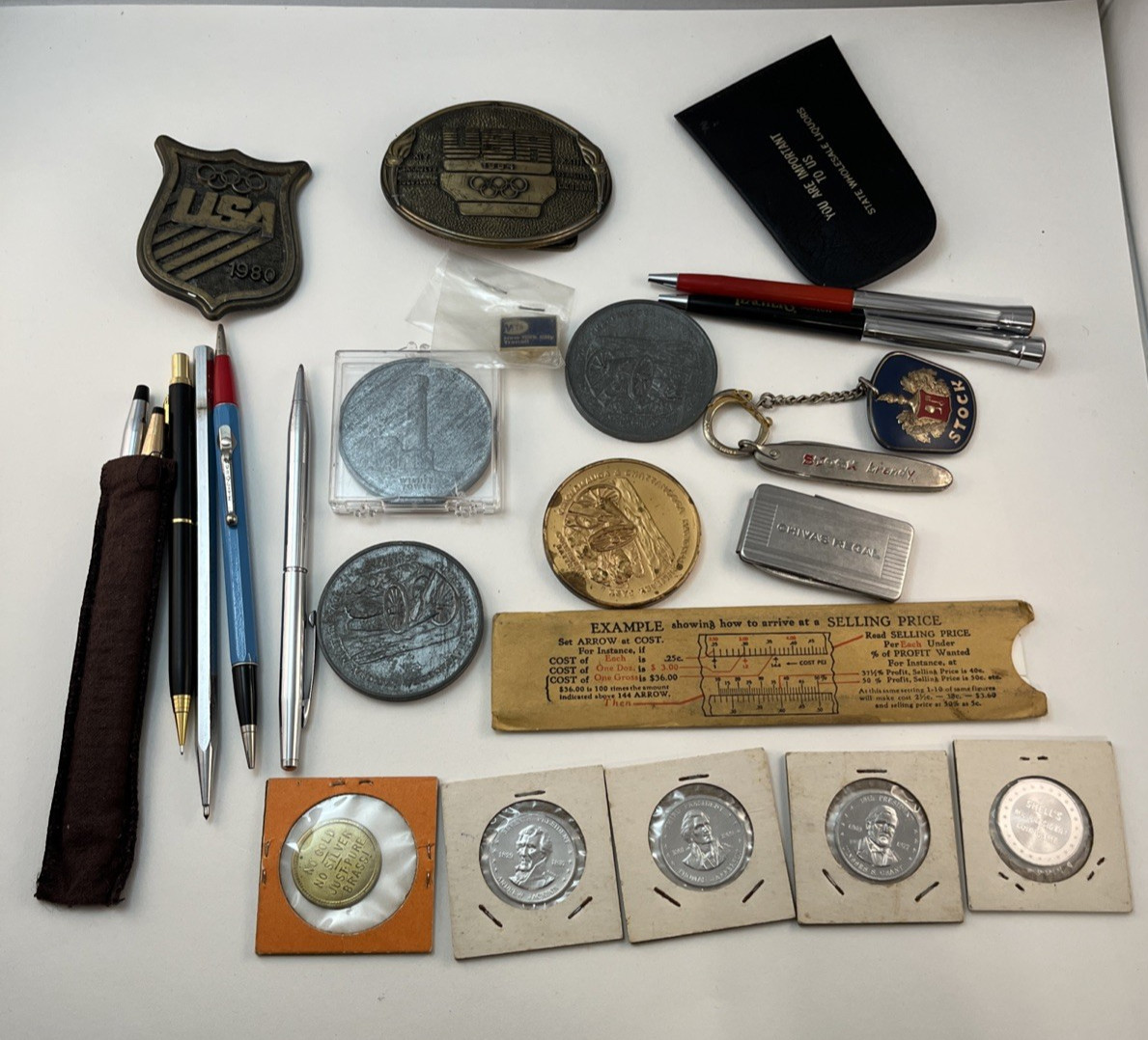 Vintage Tokens Belt Buckles Ink Pens Key Chain Junk Drawer LOT