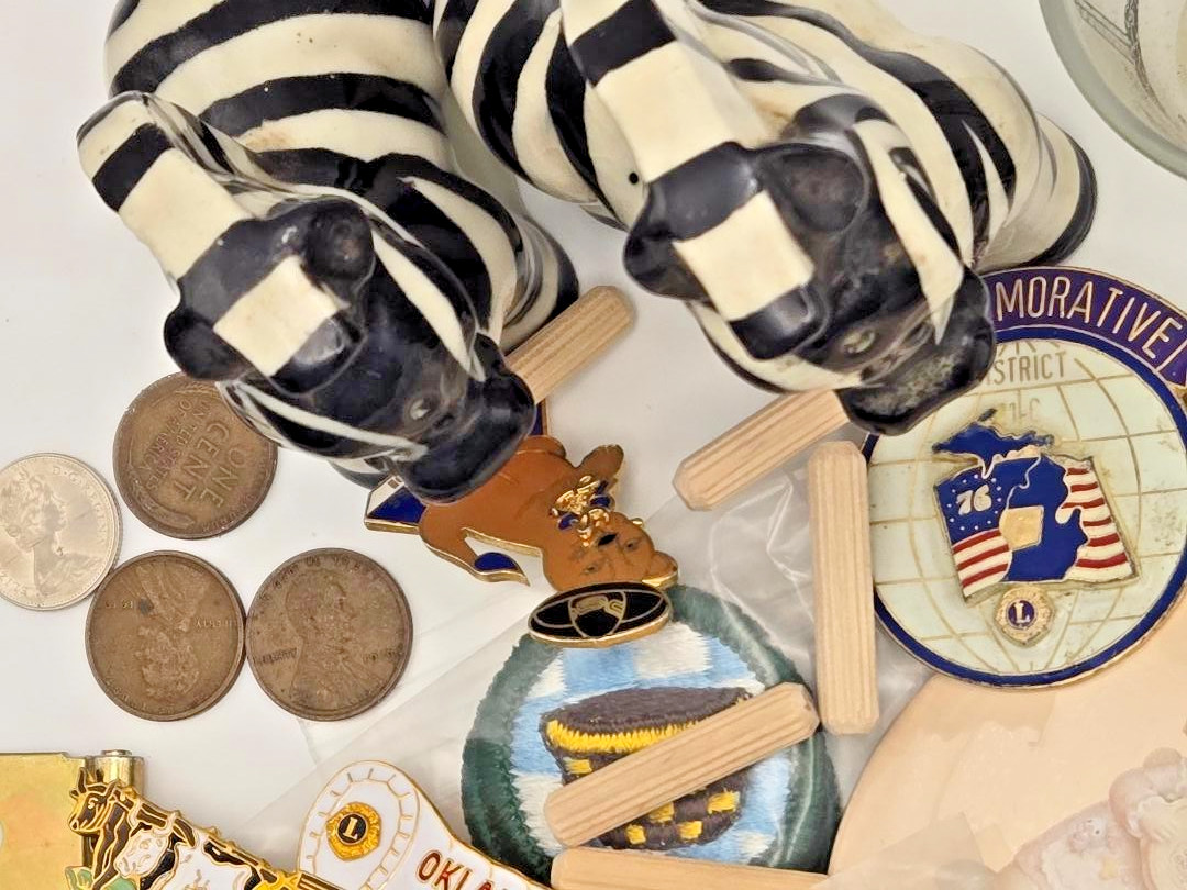 VTG estate junk drawer lot coins salt & pepper shakers cobalt blue lapel pins