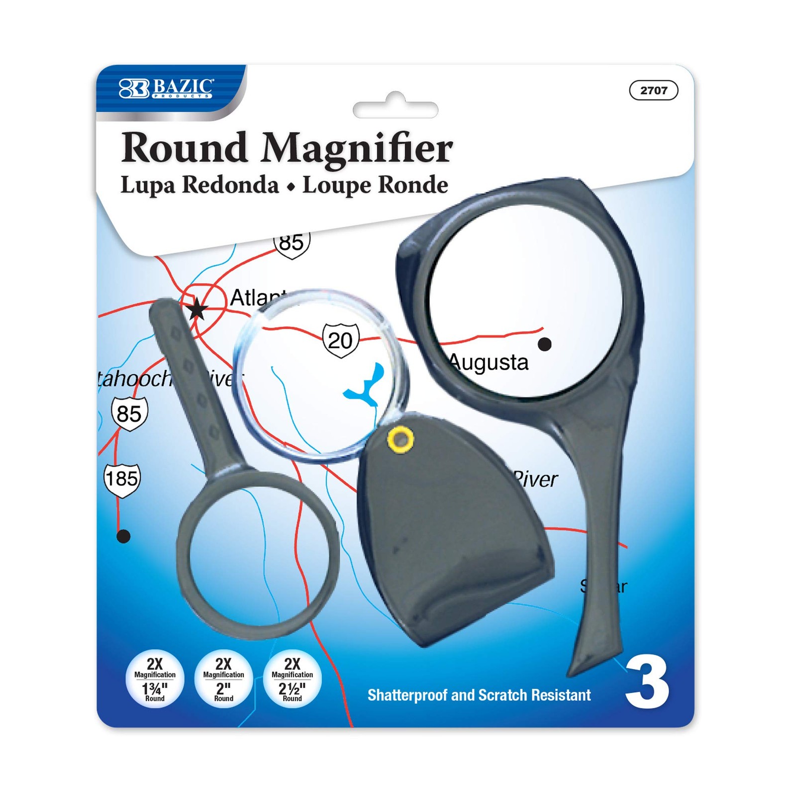 BAZIC Magnifying Glass Set 3-Pack, 2½”, 2″, 1¾” for Reading & Science
