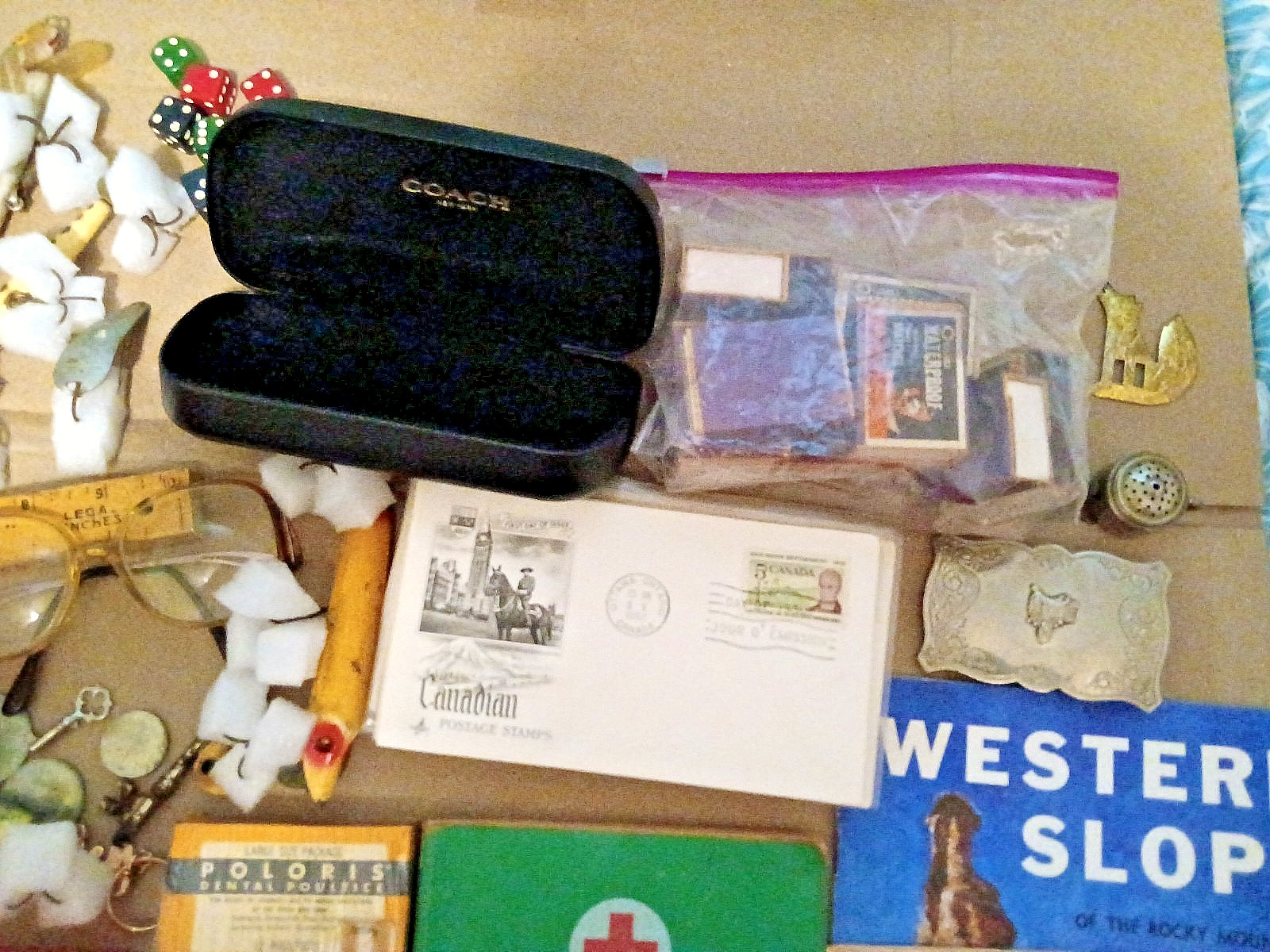 Junk Drawer Lot Vintage & Modern Lures Knives Tobacciana Ephemera Eyeglasses etc