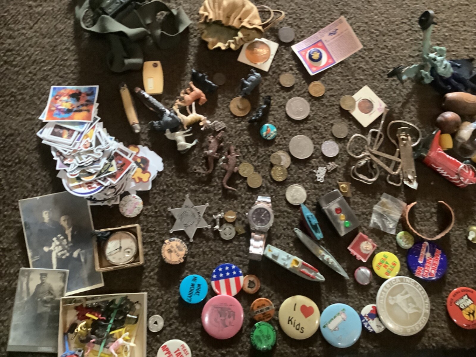 Vintage 0s junk drawer dime toys silver coin pins coins zippo knifes jewelry etc