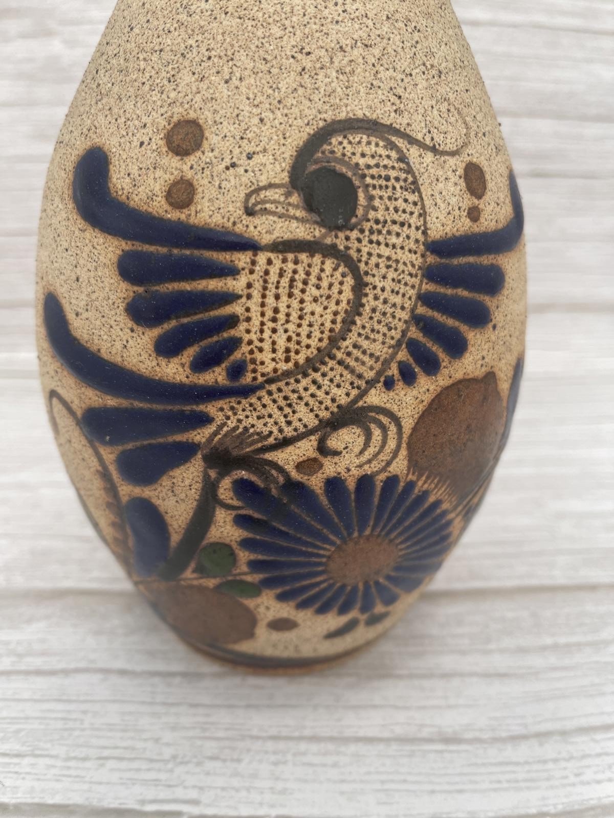 VTG Tonala Mexico Signed Pottery Pitcher Bird Flowers Blue Hand Painted Vase