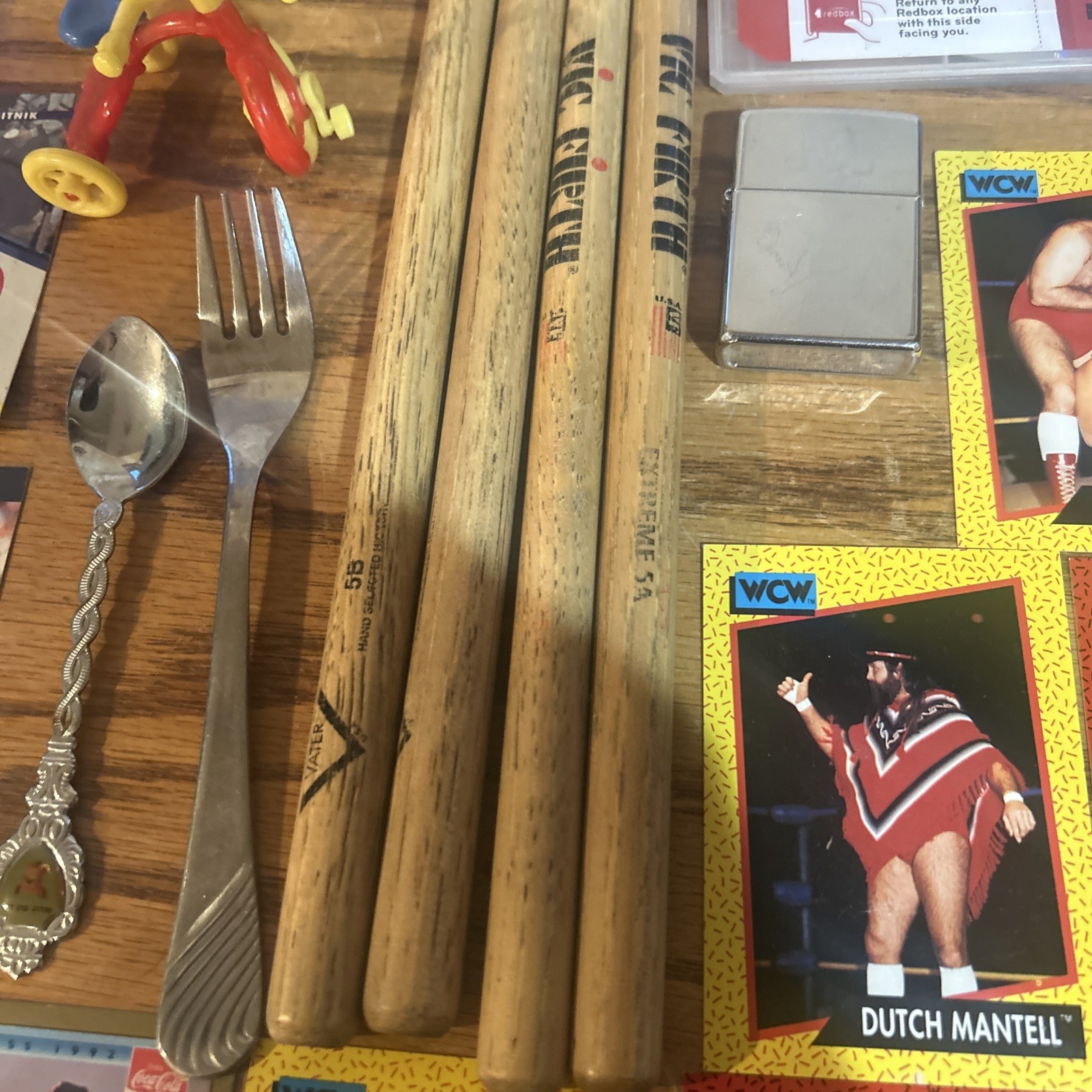 Vintage Junk Drawer Mixed Lot Stuff Zippo Wcw Drum Sticks VCR Cassette