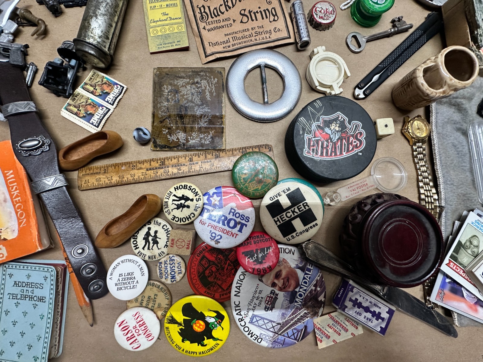 Junk Drawer Lot #4 – Random Antique Vintage Smalls – Advertising, Coins, Toys