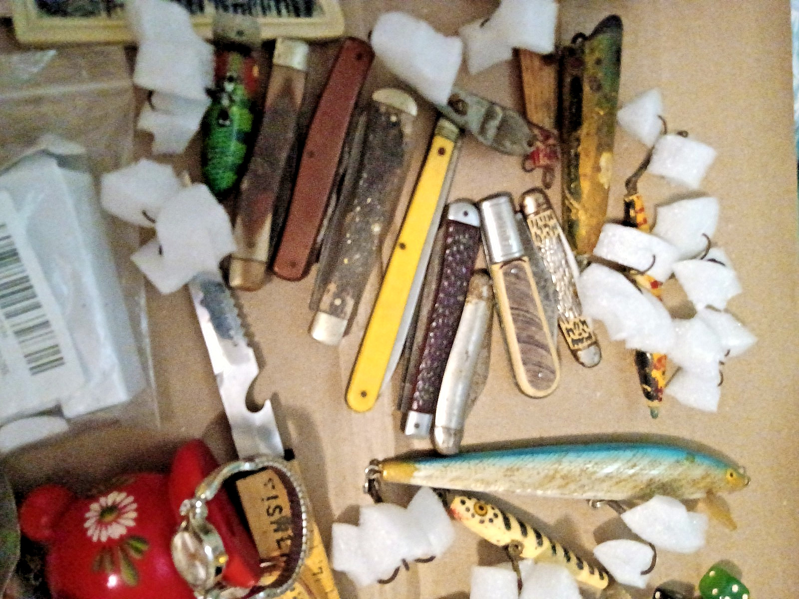Junk Drawer Lot Vintage & Modern Lures Knives Tobacciana Ephemera Eyeglasses etc