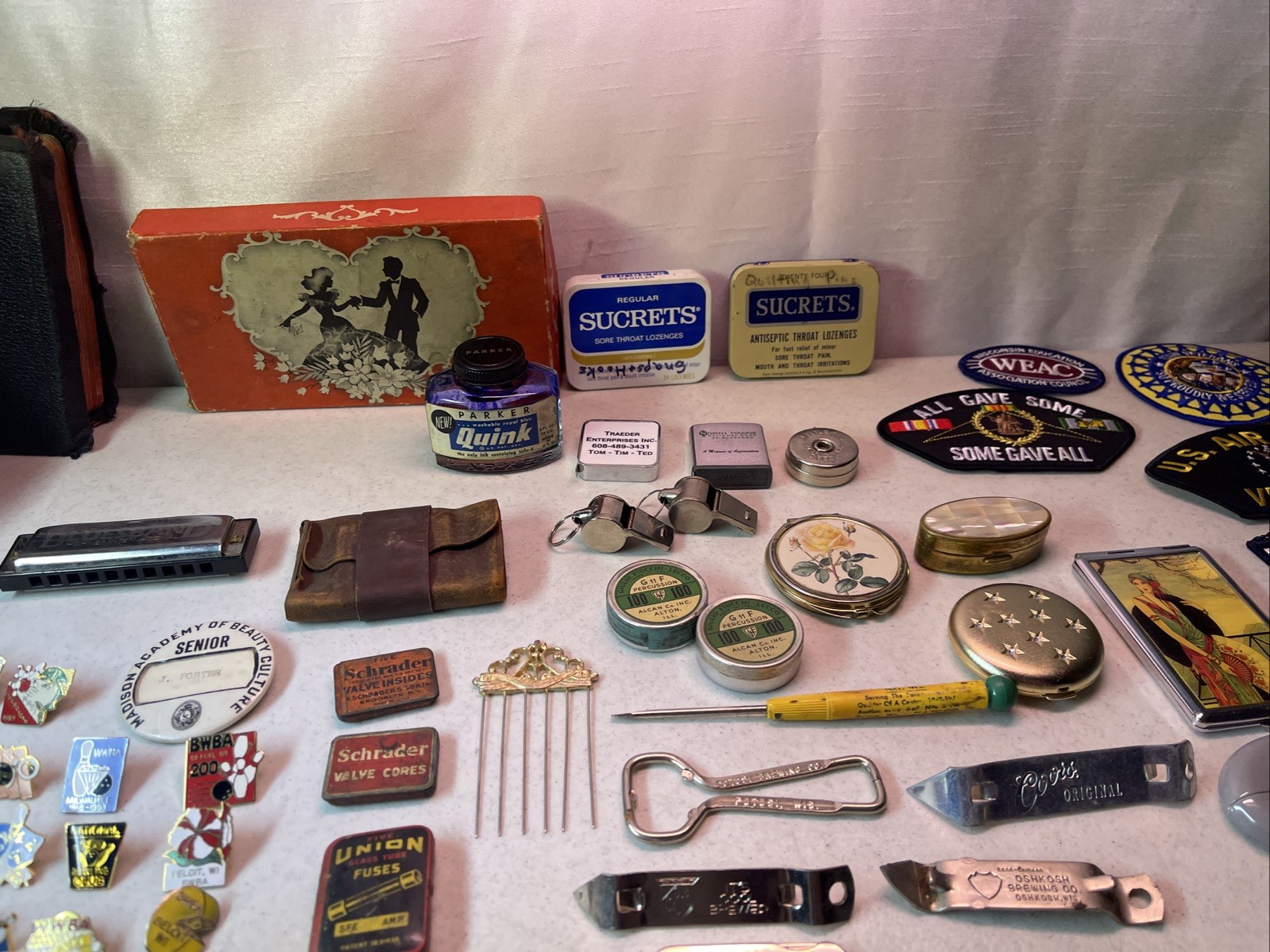 VINTAGE JUNK DRAWER LOT KNIVES, HARMONICA JEWELRY ADVERTISING SCOUTS WHEAT PENNY
