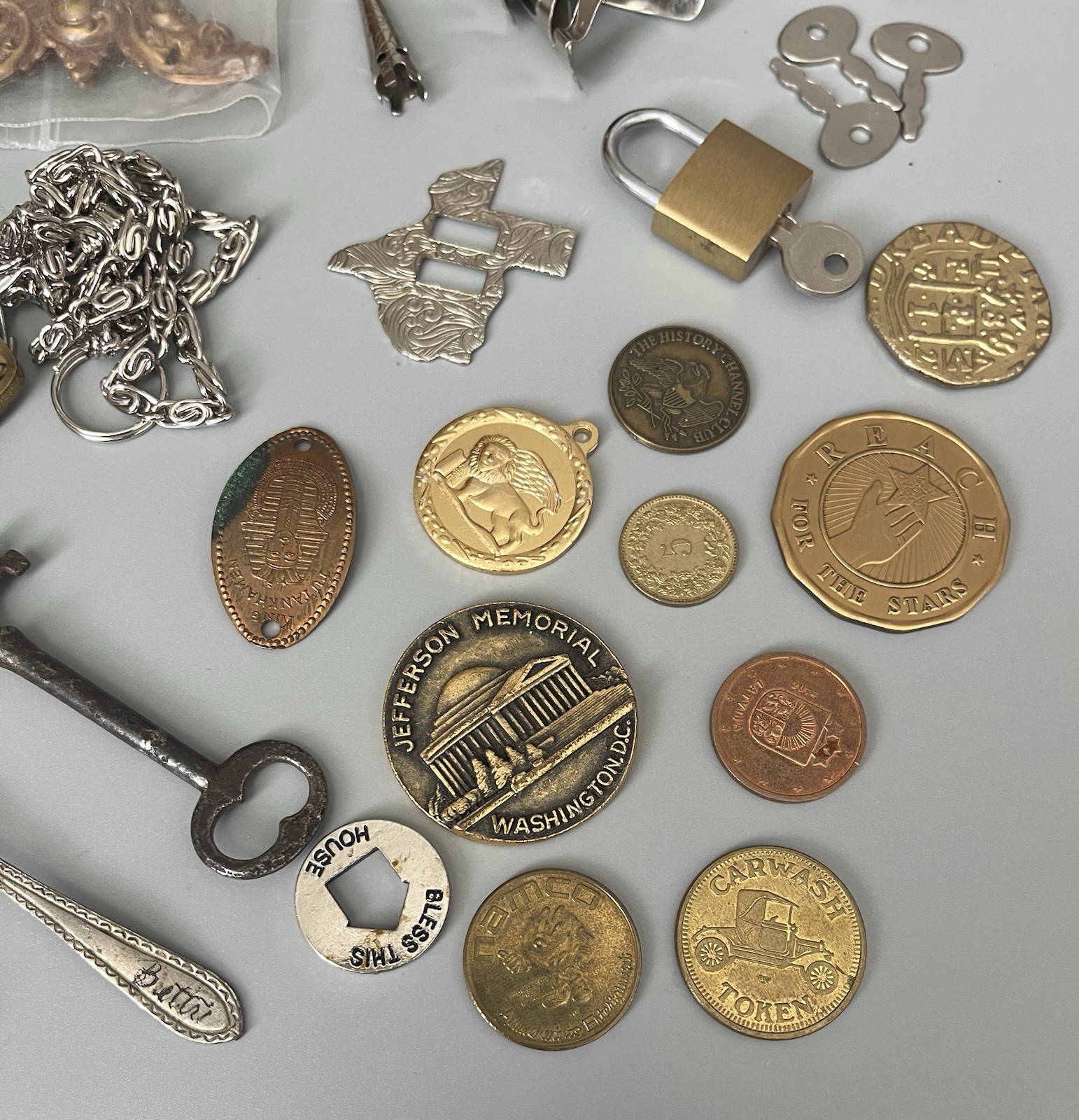VTG Junk Drawer All Metal Misc Items Coins-Keys-Lock-And More