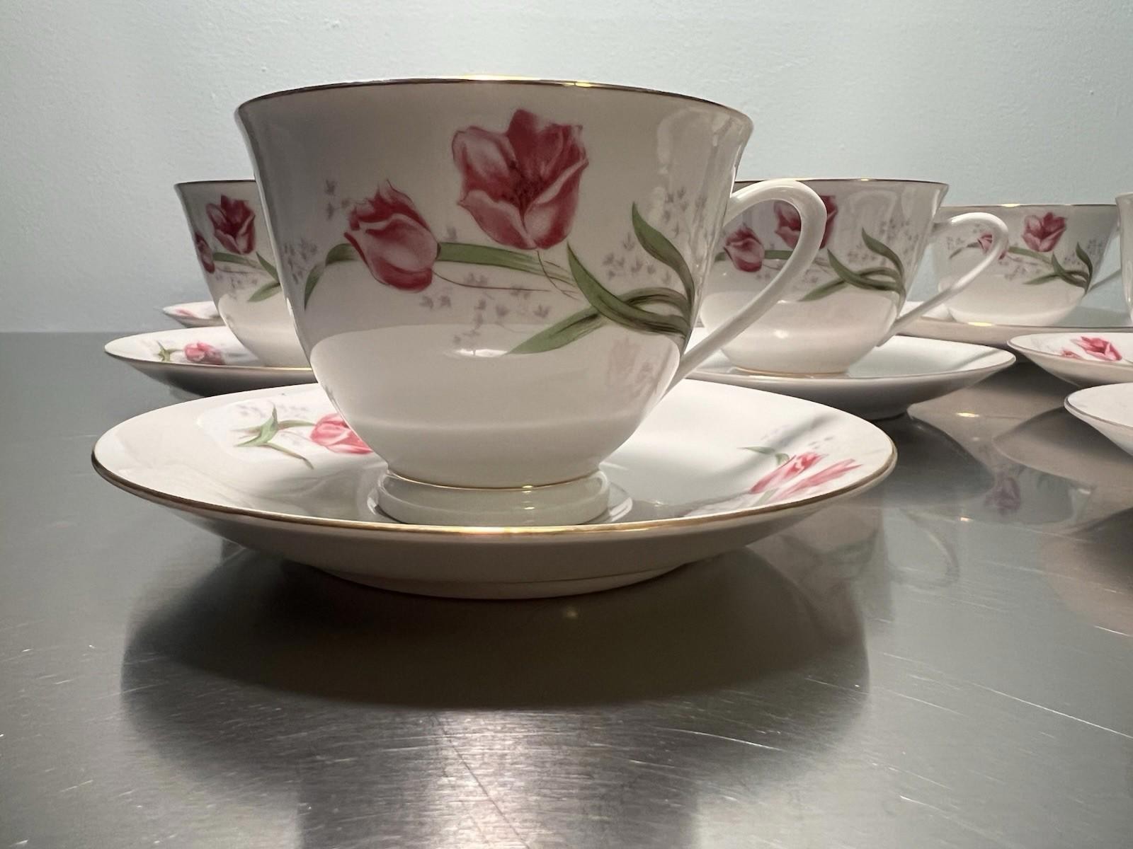 Vintage Bone China Teacups & Saucers Set/8 Pink Roses Tulips Gold Trim Chinese