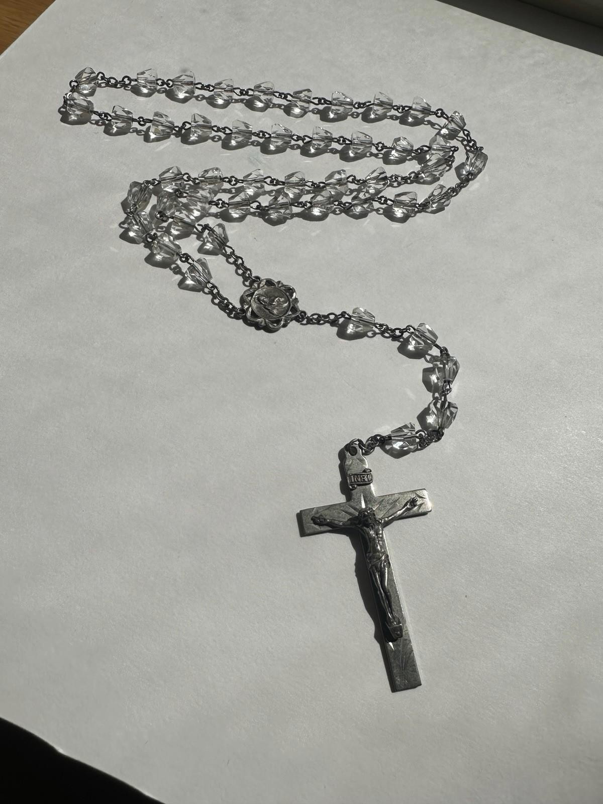 Vintage Sterling Silver Crucifix Clear Faceted Tear Drop Crystal Bead Rosary 19”