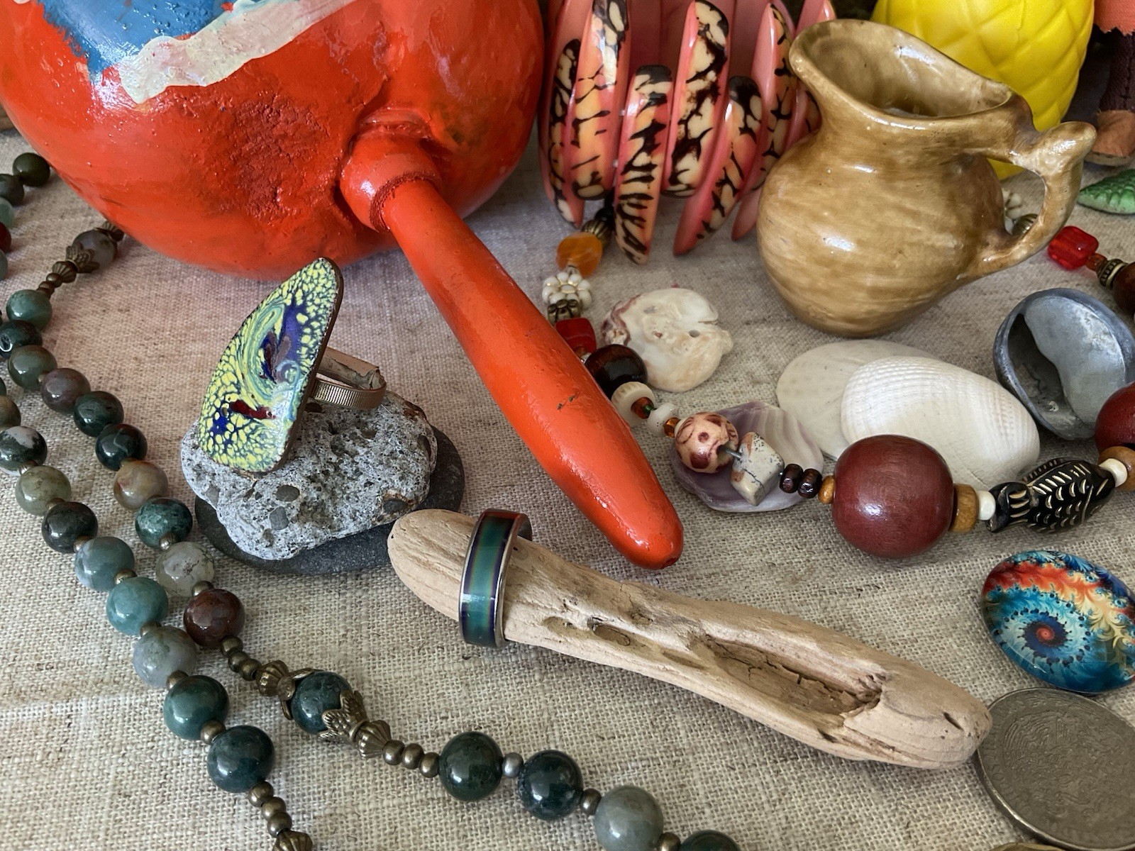 Vintage junk drawer LOT Island Caribbean Souvenirs Jewelry Doll stones coins