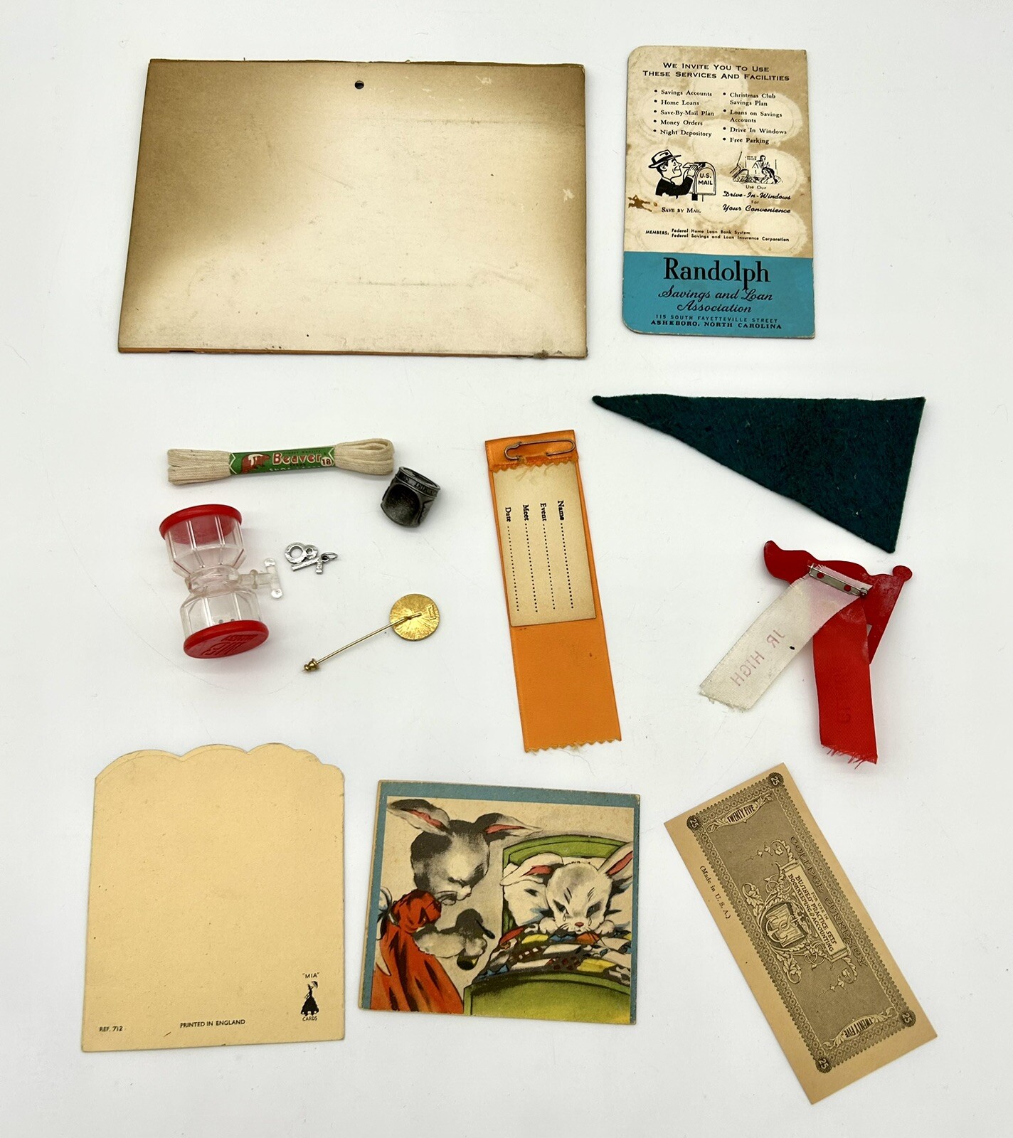 Junk Drawer Of Vintage Items Cards Ribbons Pennant Ring Hat Pin Charm