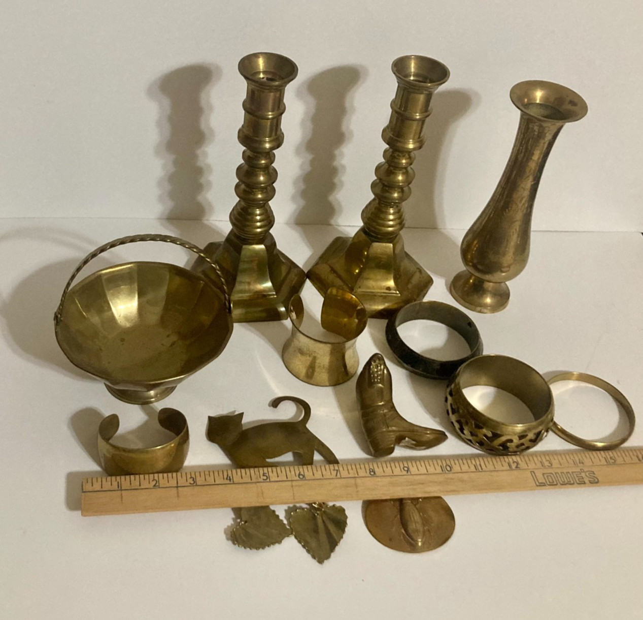 Vintage Junk Drawer Lot Brass- Candlestick Vase Basket Jewelry