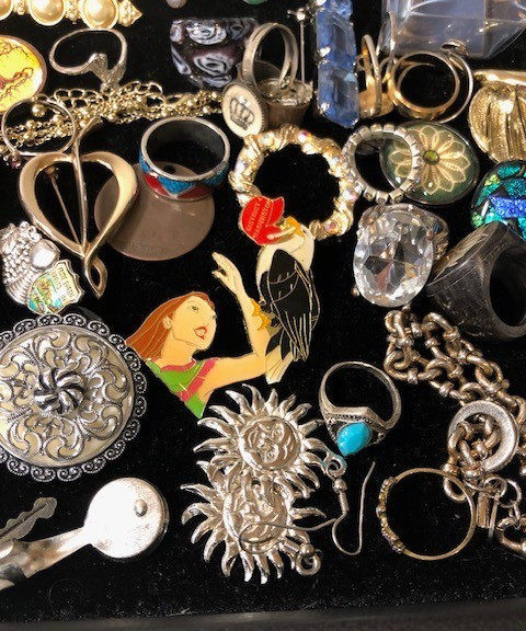 Junk Drawer Lot estate coins pins silverplated stopper keys pendant brooch rings