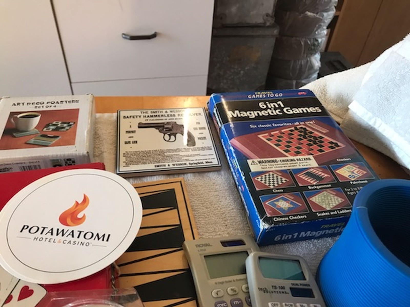 VINTAGE JUNK DRAWER LOT Cards, Board Game, Dice, Hand Games, Coasters, more