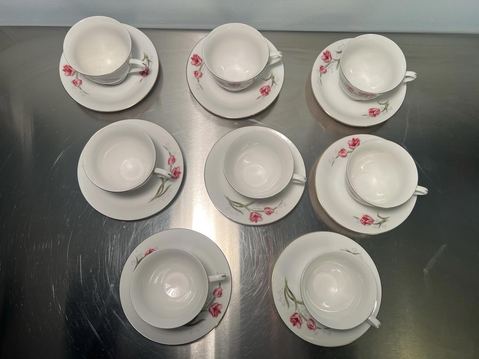 Vintage Bone China Teacups & Saucers Set/8 Pink Roses Tulips Gold Trim Chinese