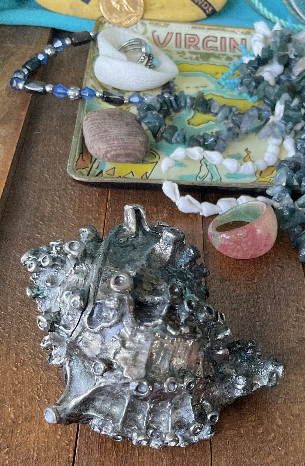 Vintage junk drawer LOT Island Caribbean Souvenirs Jewelry Doll stones coins