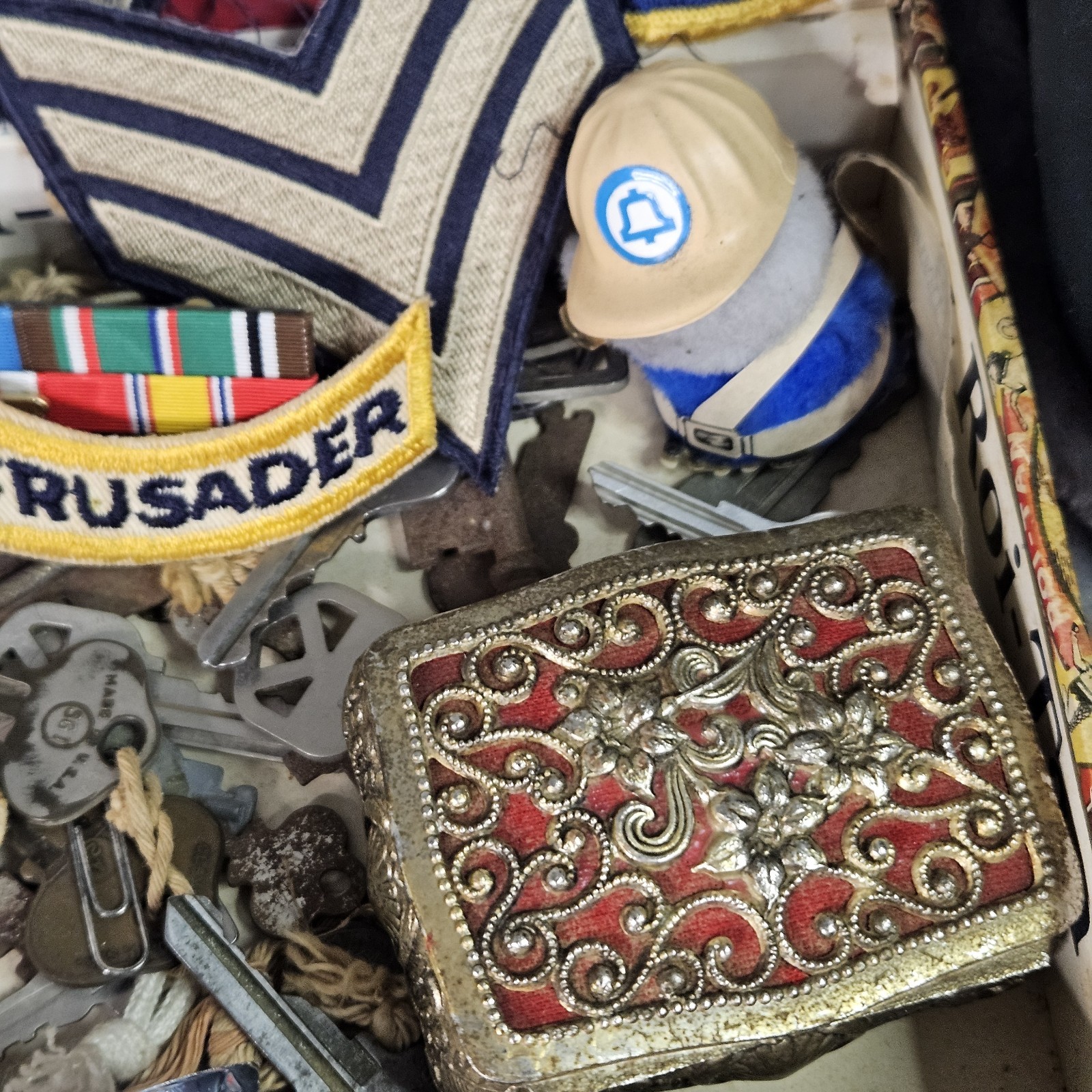 Huge VTG Junk Drawer Lot Skeleton Keys Cigar Box Bakelite Ertl Hammock Cars More