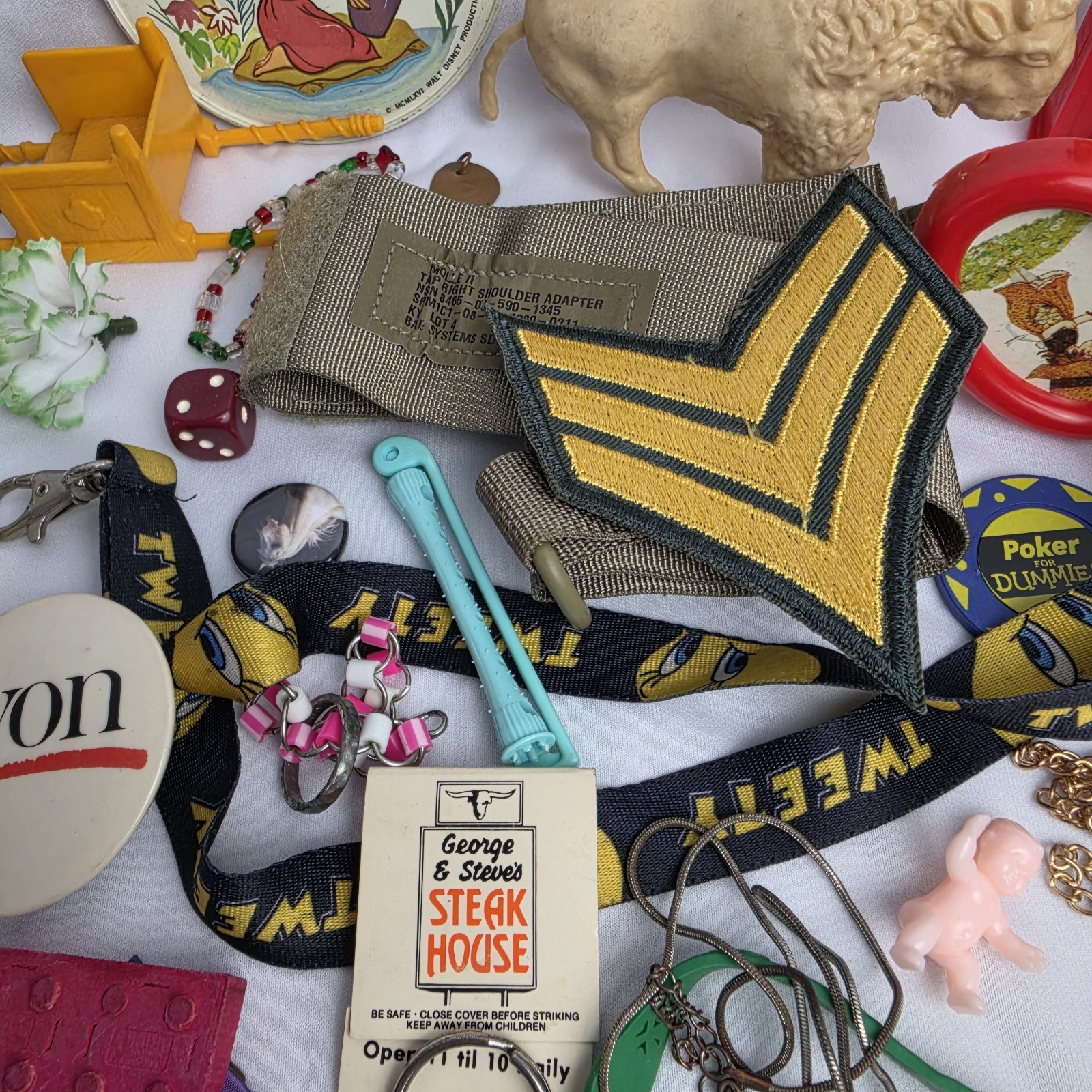 Junk Drawer Lot Toys Pins Stamps Military Coin Trinket Jewelry Patches Vintage