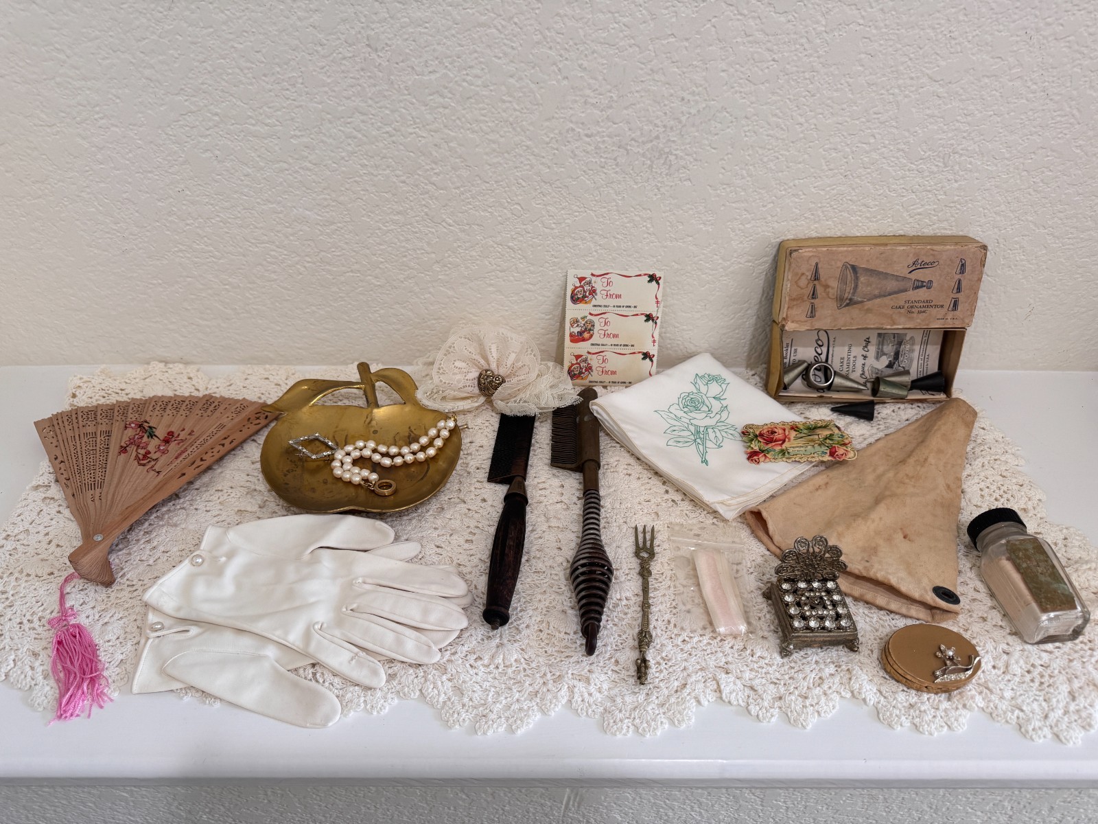 Vtg Vanity Junk Drawer Lot Scented Fan Gloves Powder Bottle Rhinestone Box Reck