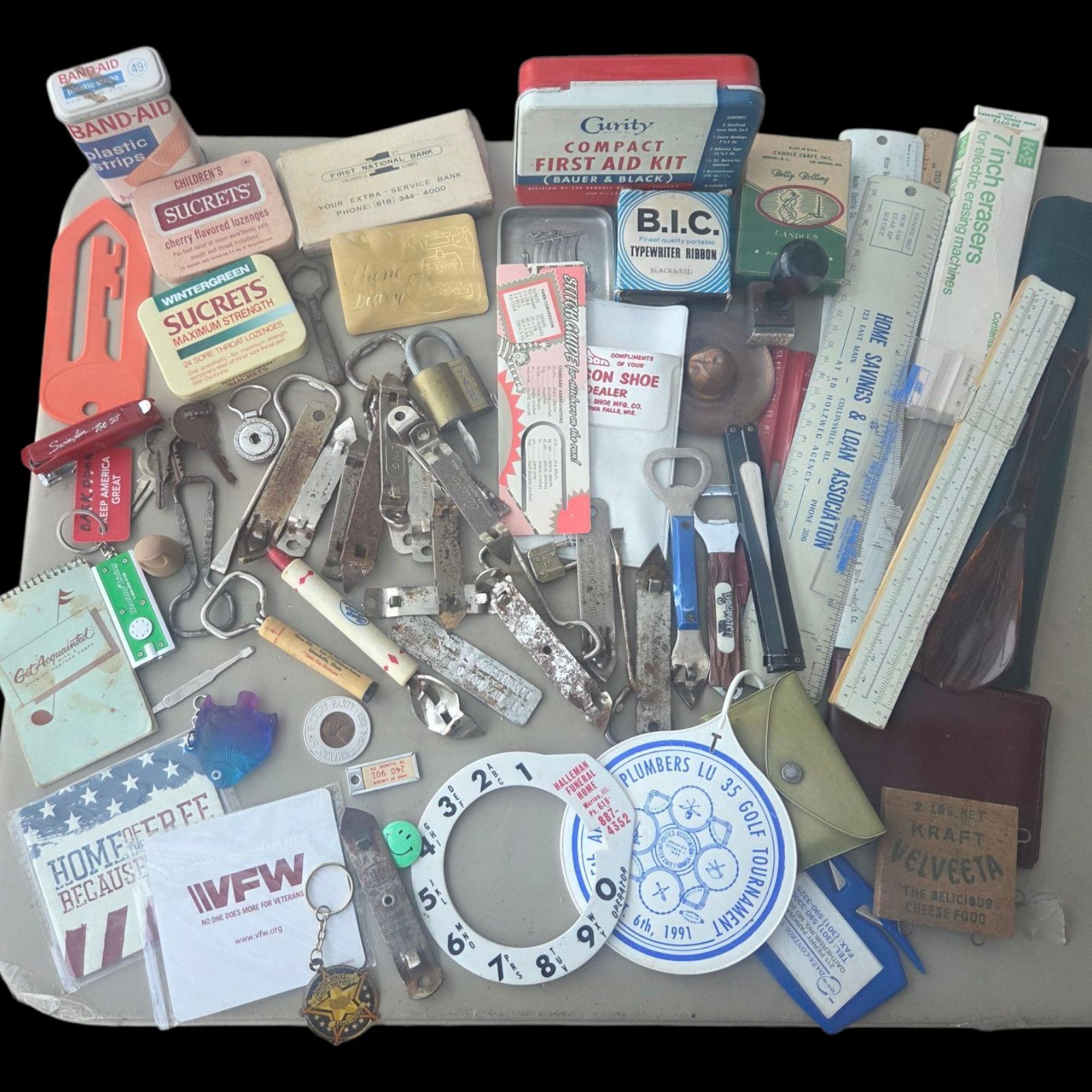 Vtg Junk Drawer Grandpas Desk Lot of Advertising Rulers Bottle Openers Keychains