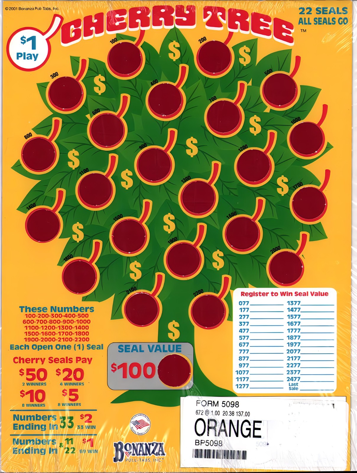 Pull Tab – Hard Card – Tickets Game – Holder – Cherry Tree – 672 ct