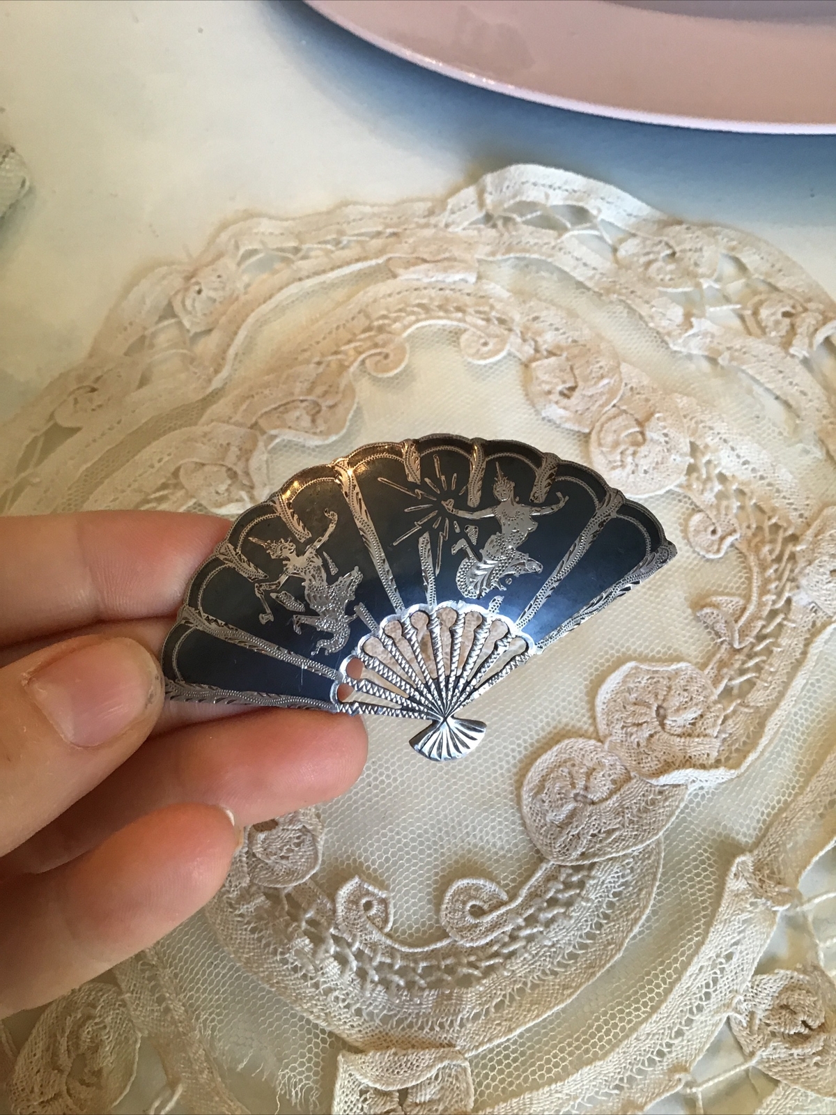 Vtg Large Sterling Siam Fan Pin 3” Wide